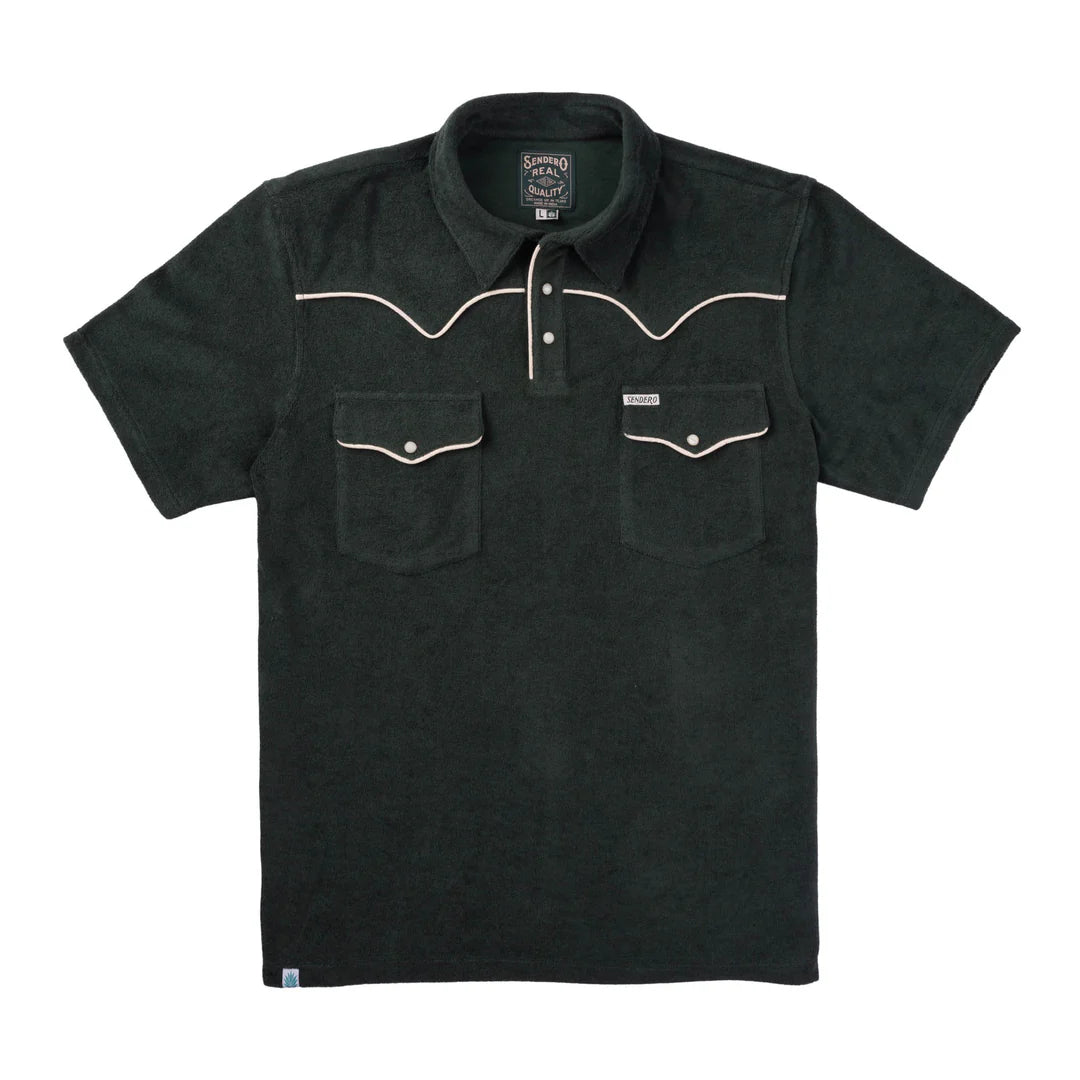 Sendero Western Polo in vintage terry cloth with spruce green color, western yokes, shape pockets, and pearl snap closures.