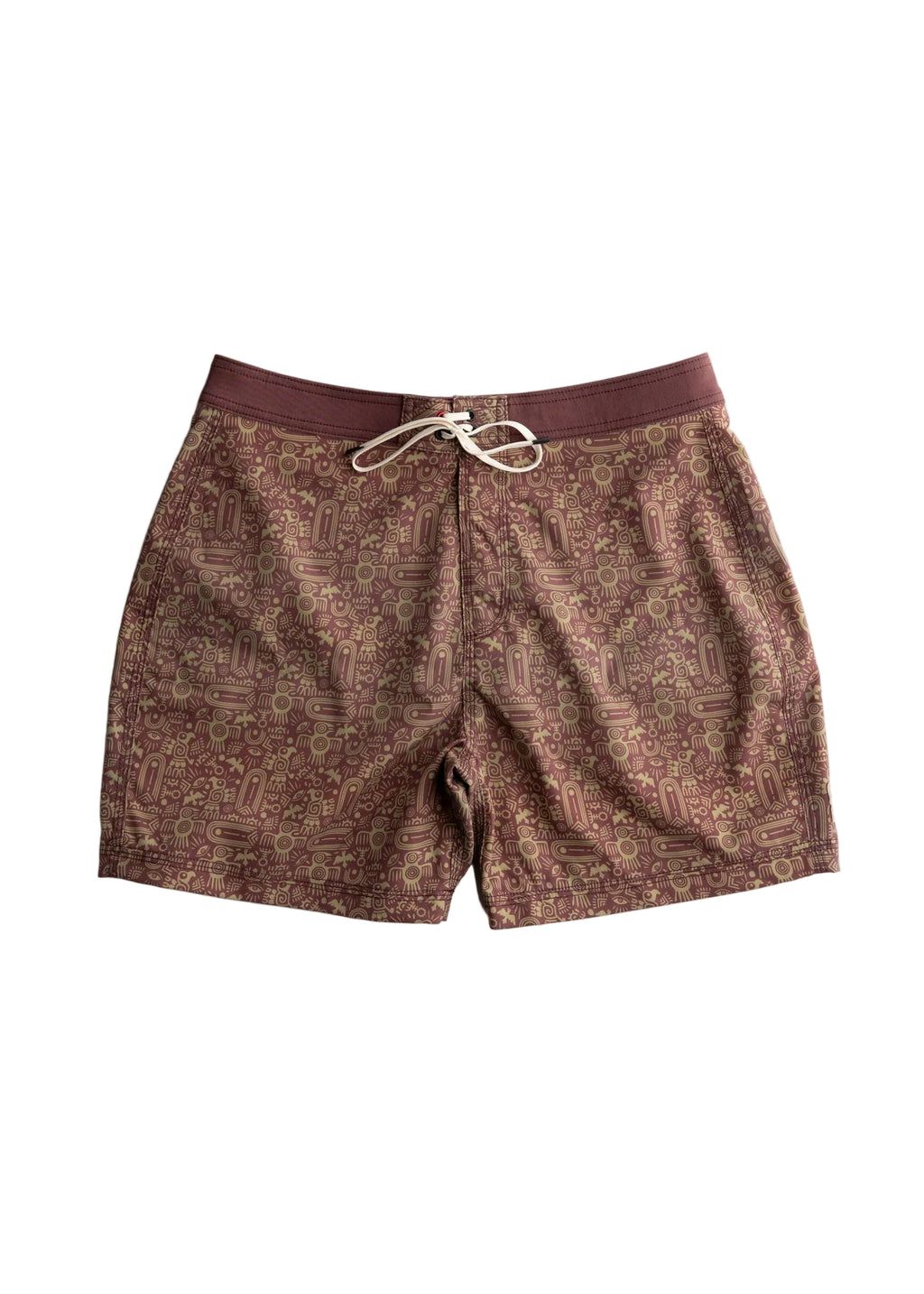 A pair of men's swim trunks featuring an intricate geometric pattern in dusty rose and brown, with a solid rose waistband and a white drawstring.