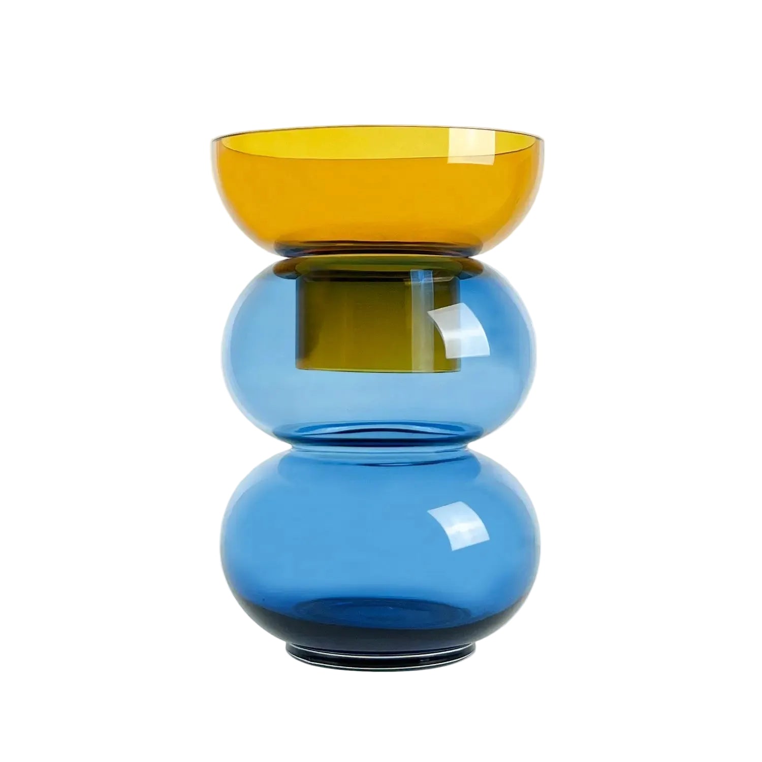 Glass vase with yellow top and blue bottom on a white background