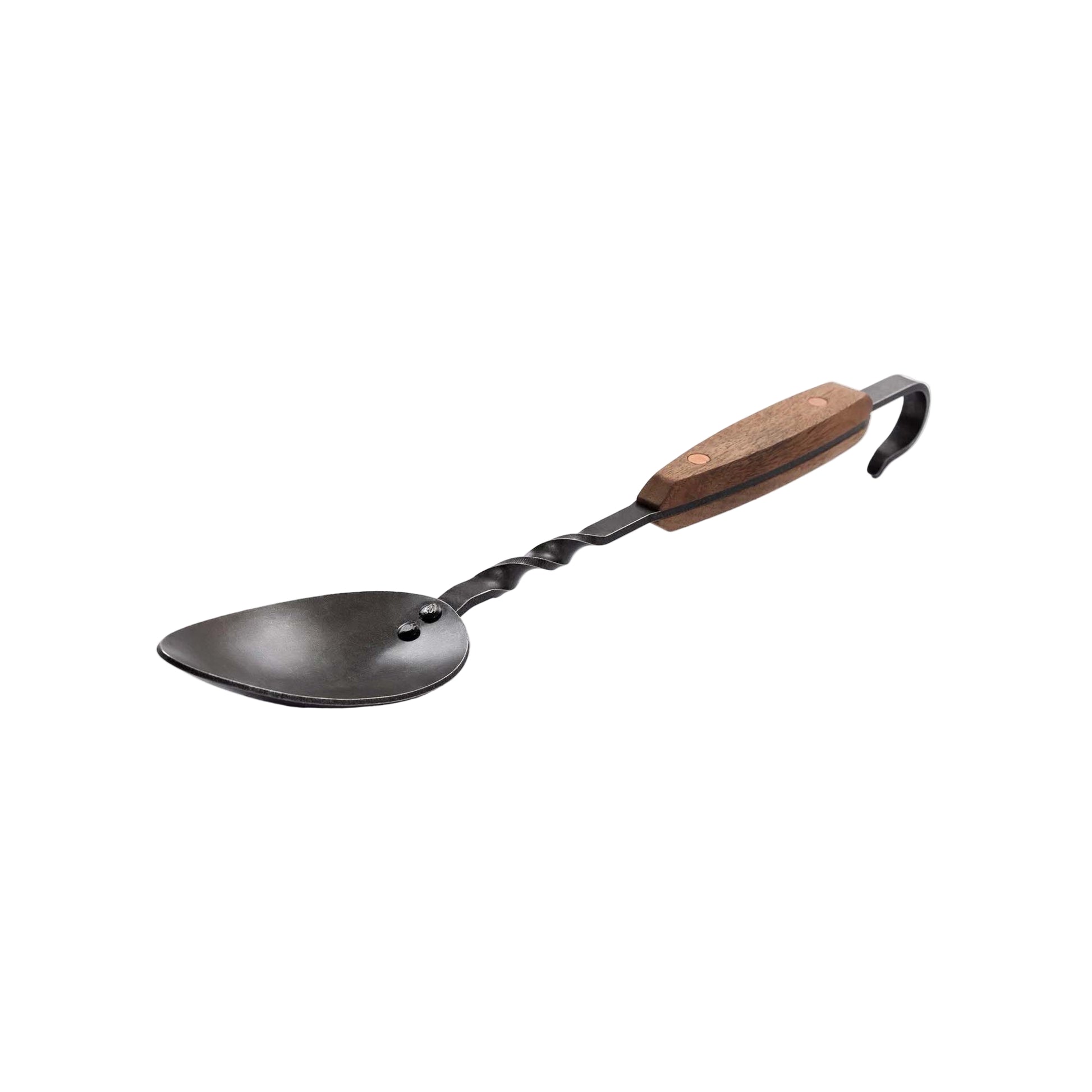 Black metal spoon with wooden handle on a white background