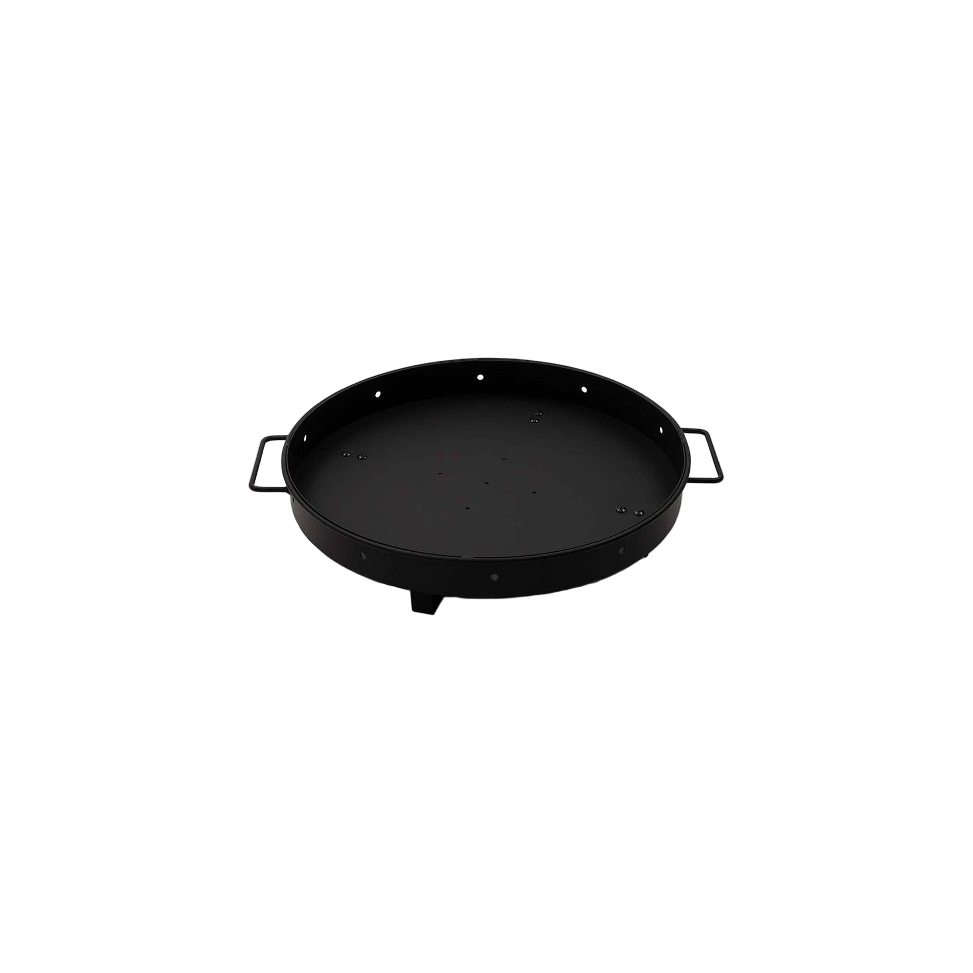 Black fire pit grill with handles on a white background