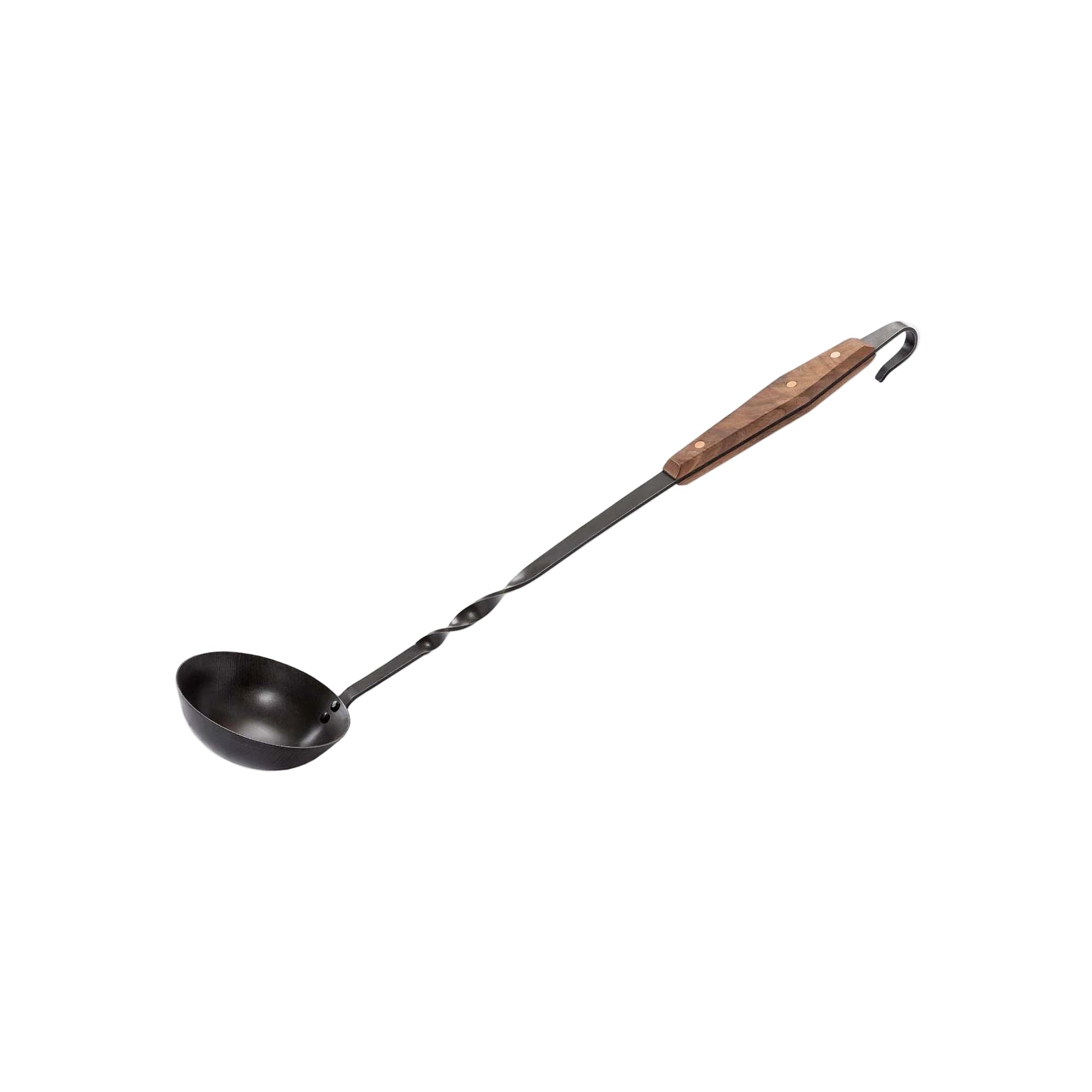 Black ladle with a wooden handle on a white background