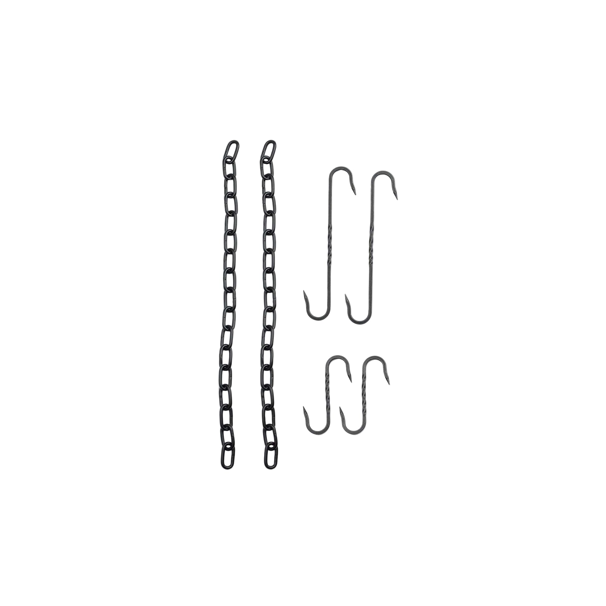 Black and white line drawing of a chain and hooks on a white background