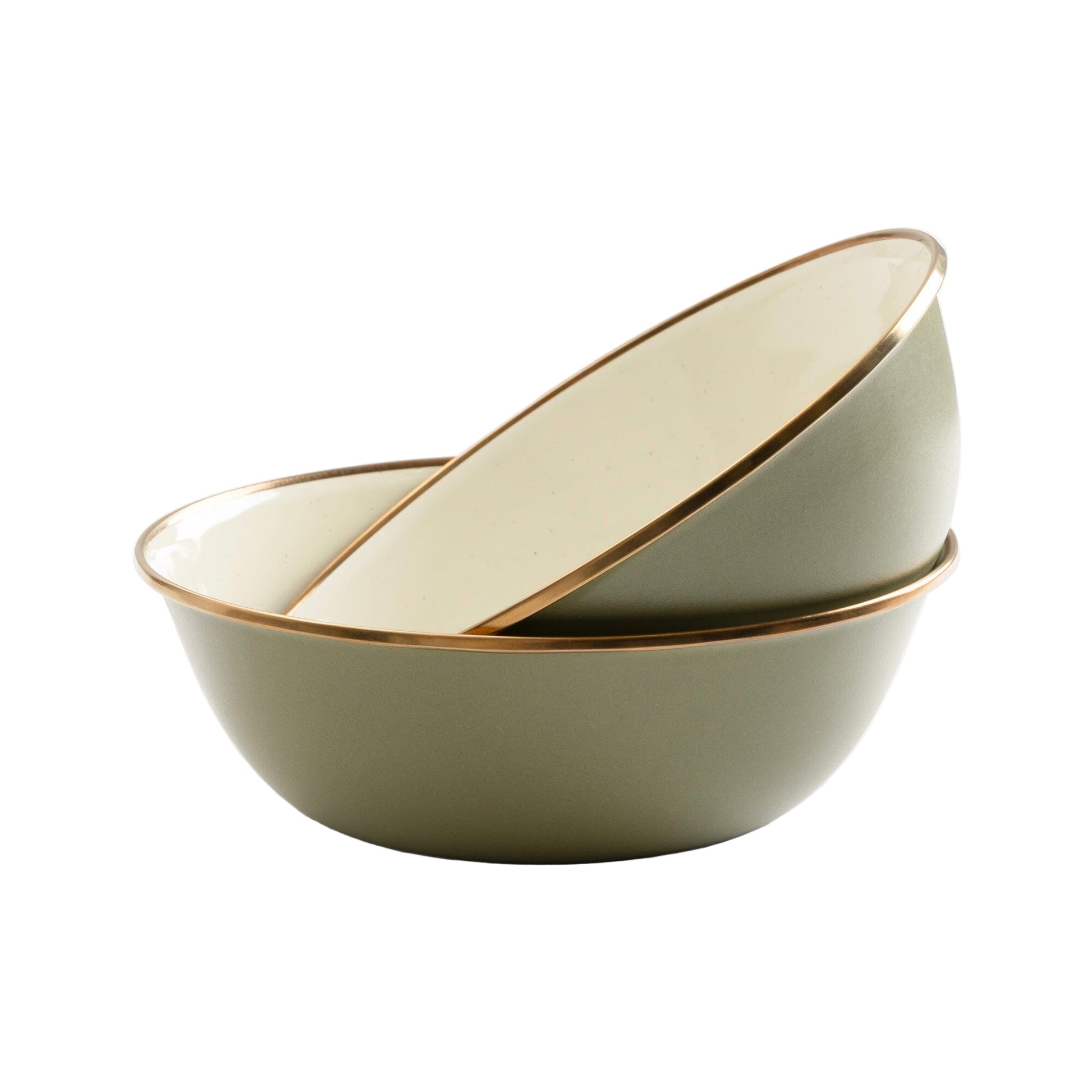Two stacked ceramic bowls with gold rims on a white background