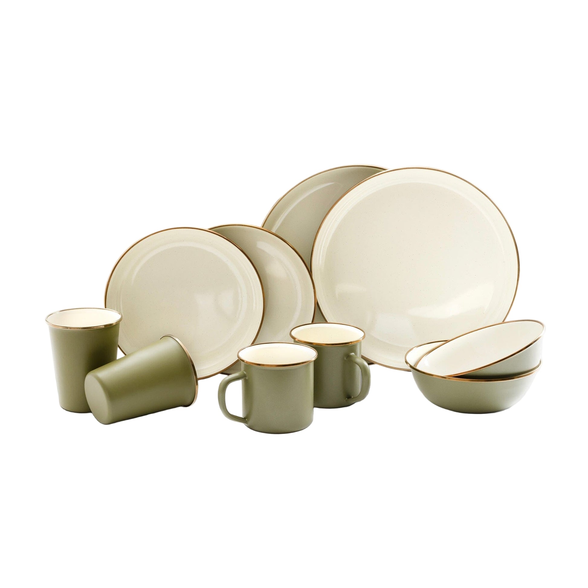 Set of ceramic dinnerware including plates, cups, and bowls on a white background
