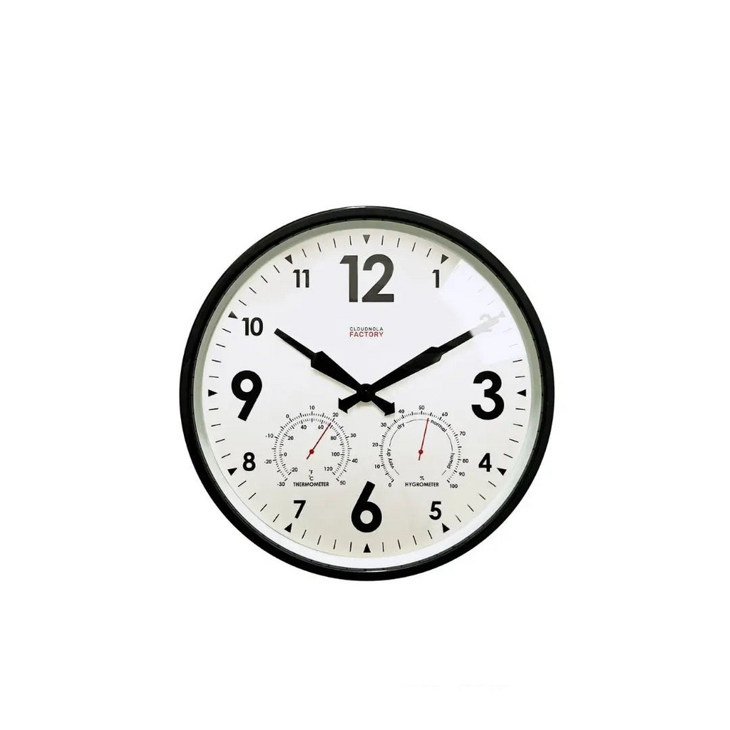 Wall clock with thermometer and hygrometer functions on a white background