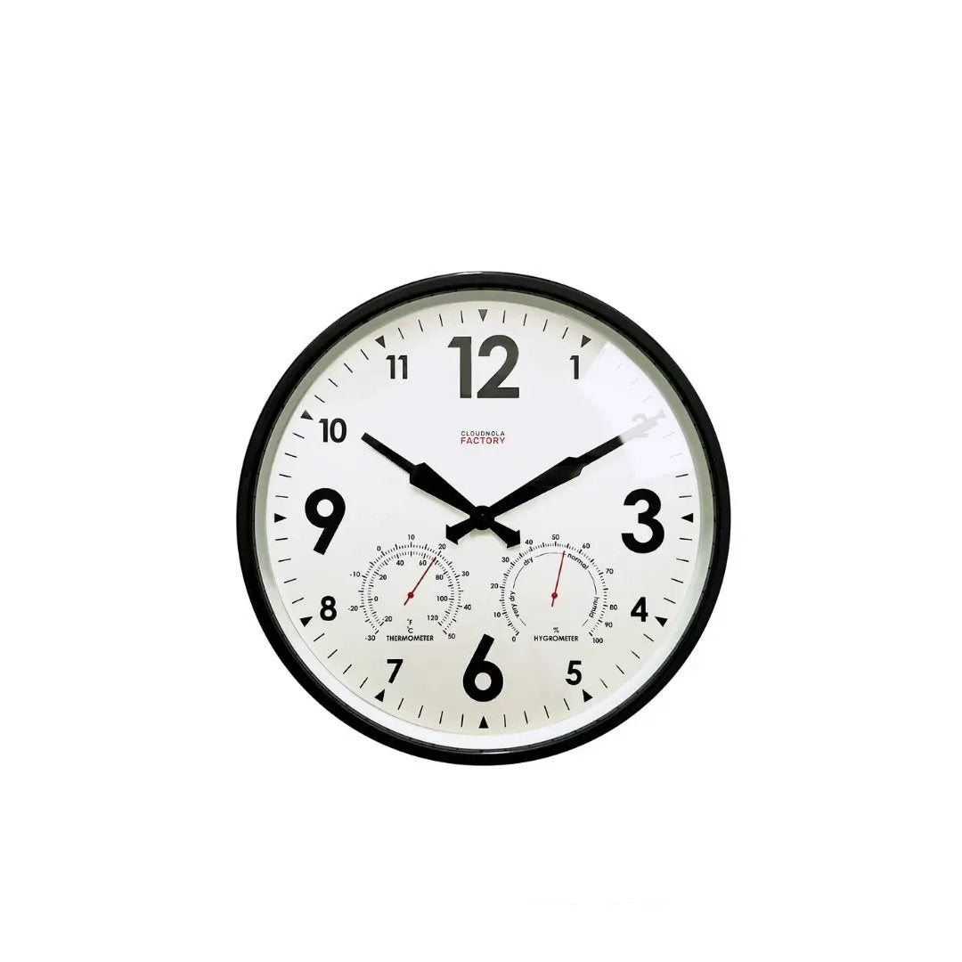 Wall clock with thermometer and hygrometer functions on a white background