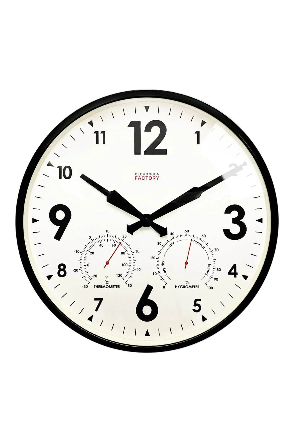 Round wall clock with temperature and humidity indicators on a white background