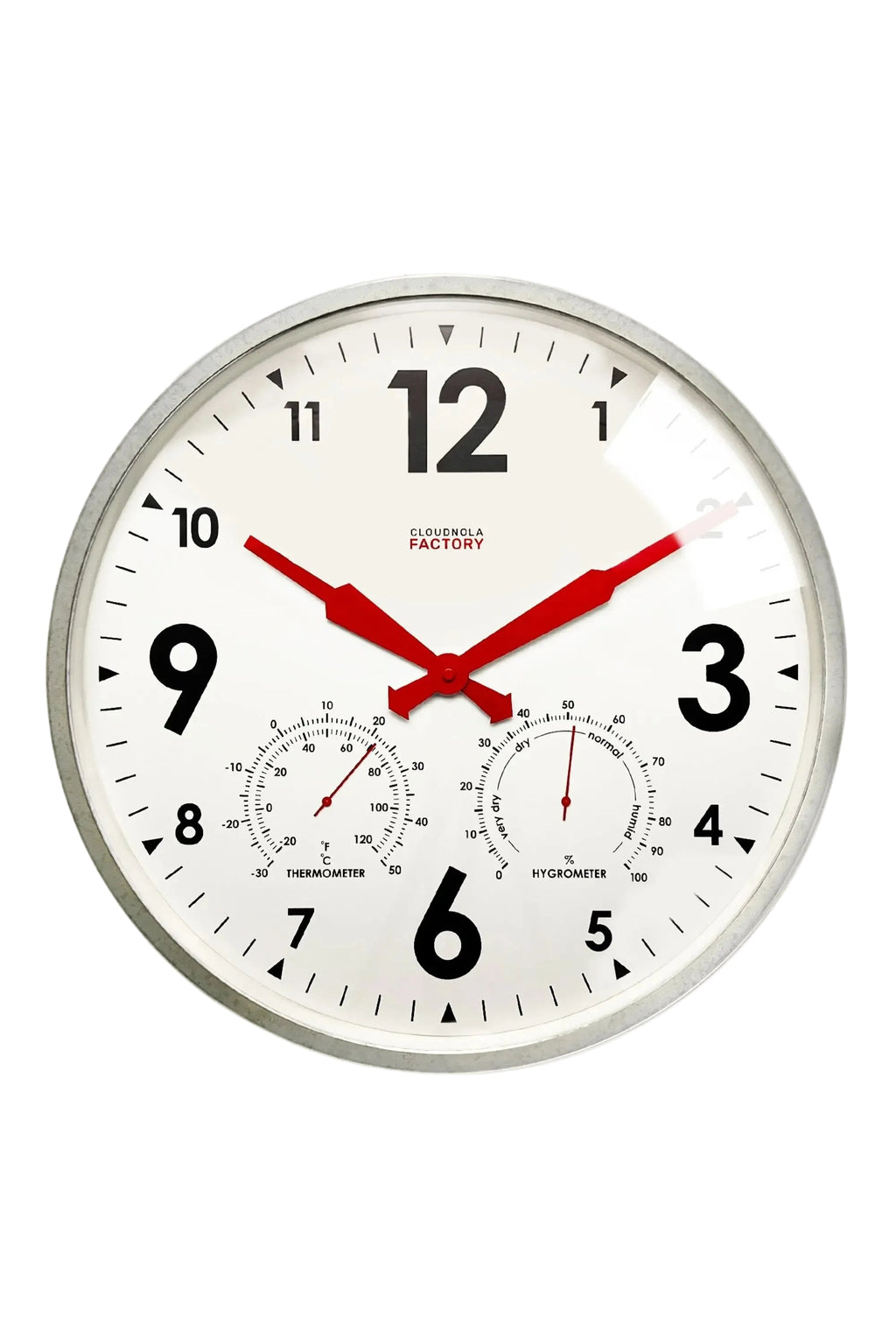 Wall clock with temperature and humidity indicators on a white background