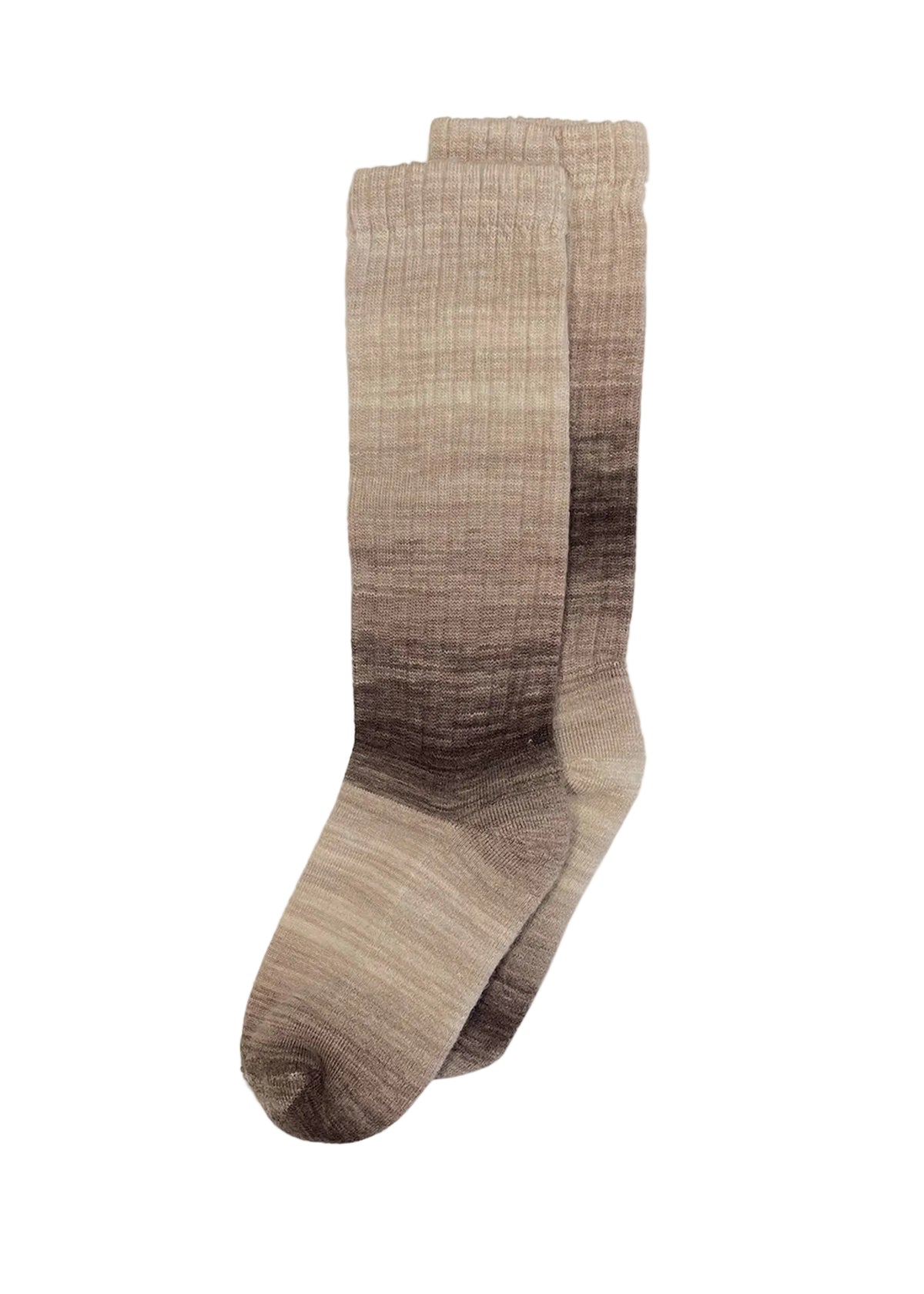 A pair of ribbed crew socks with a vertical gradient pattern transitioning from light beige at the top to dark brown at the bottom, displayed against a solid gray background.