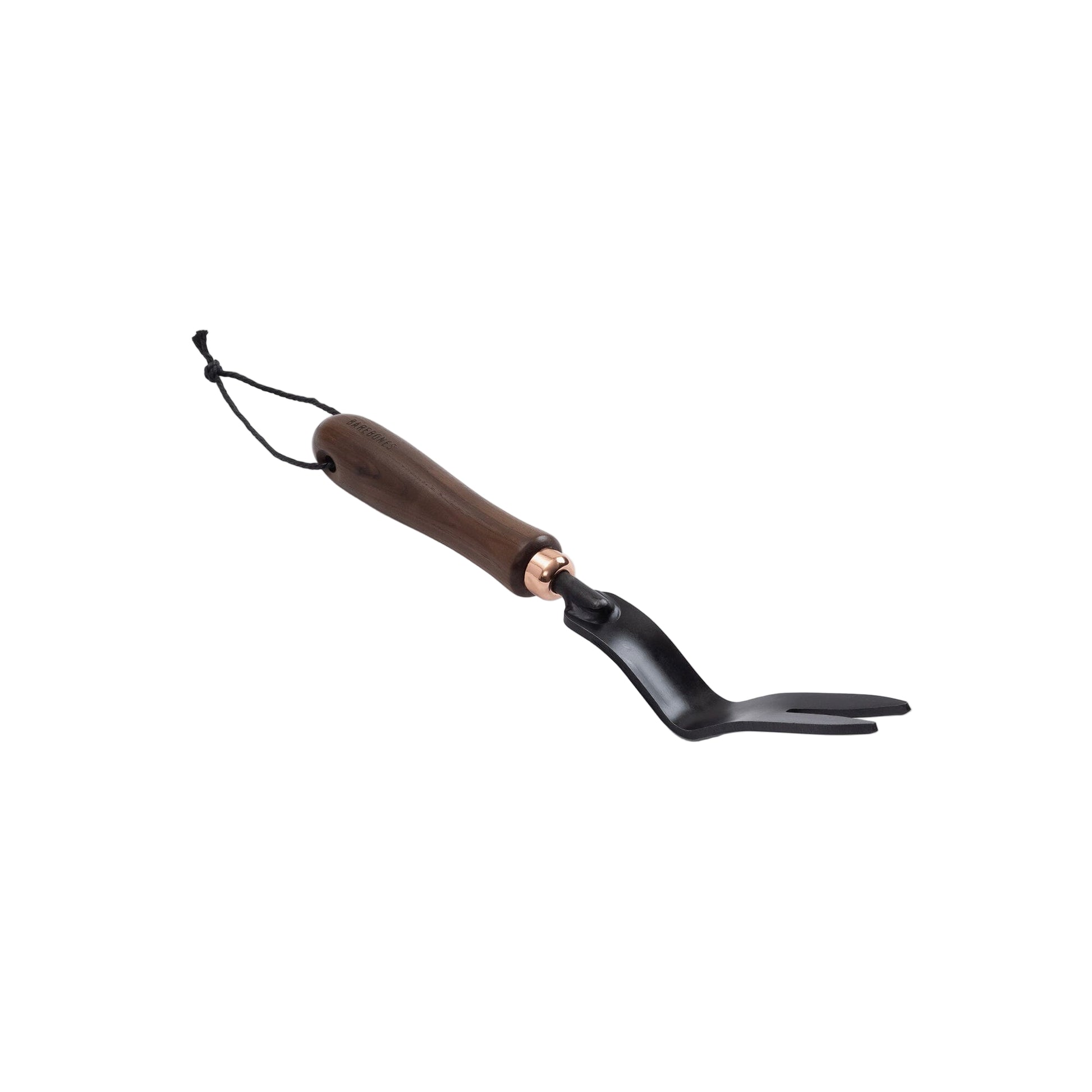 Garden tool with wooden handle and black metal prong on a white background