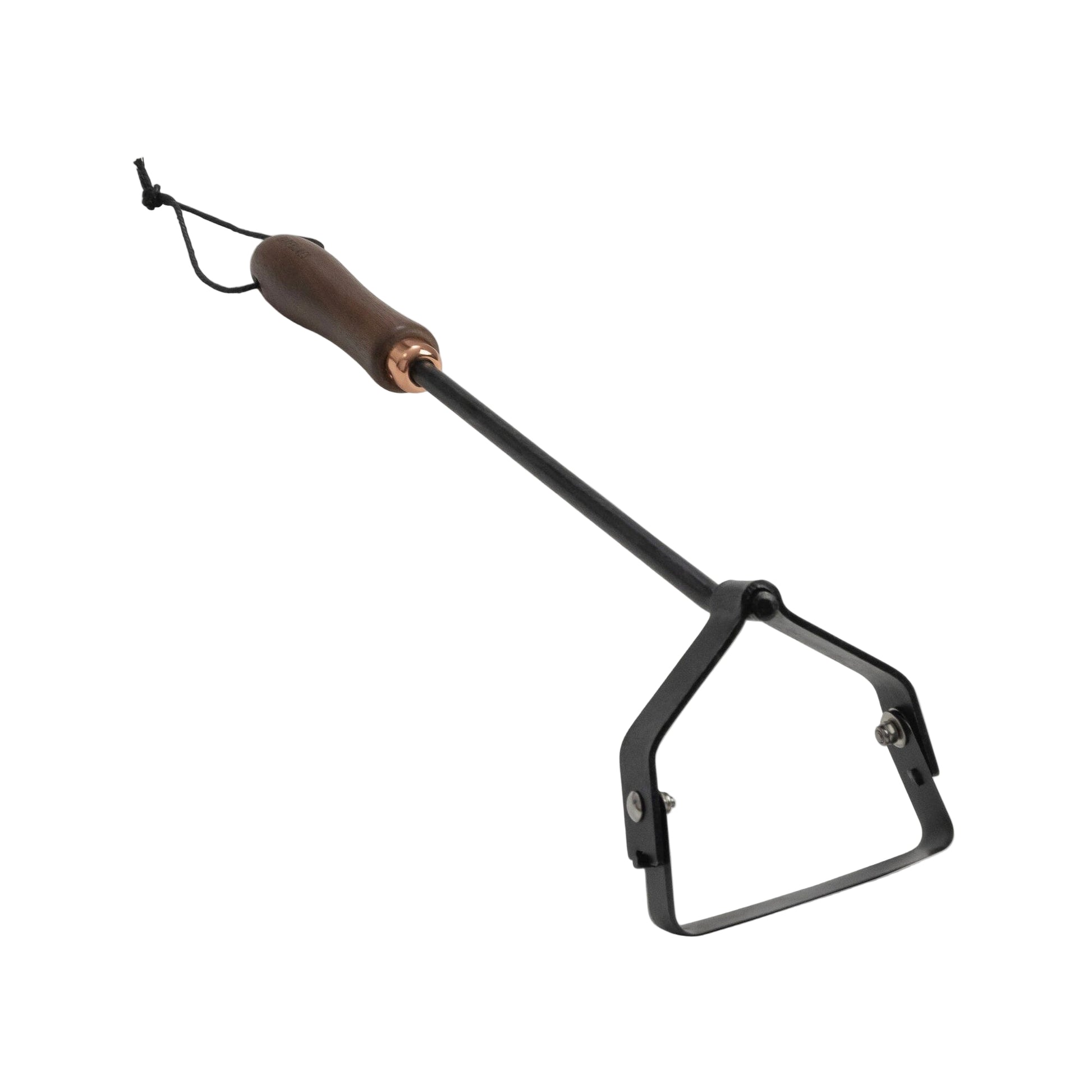 Metal garden hoe tool with wooden handle on a white background