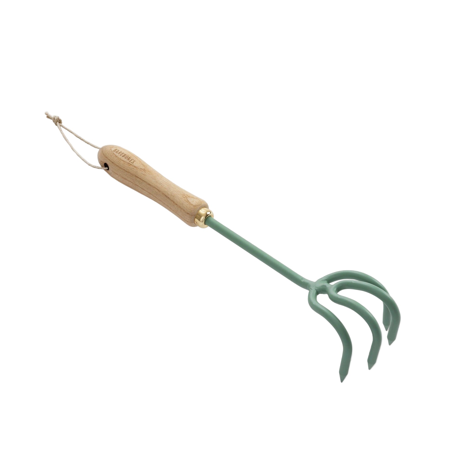 Green garden fork with wooden handle on a white background