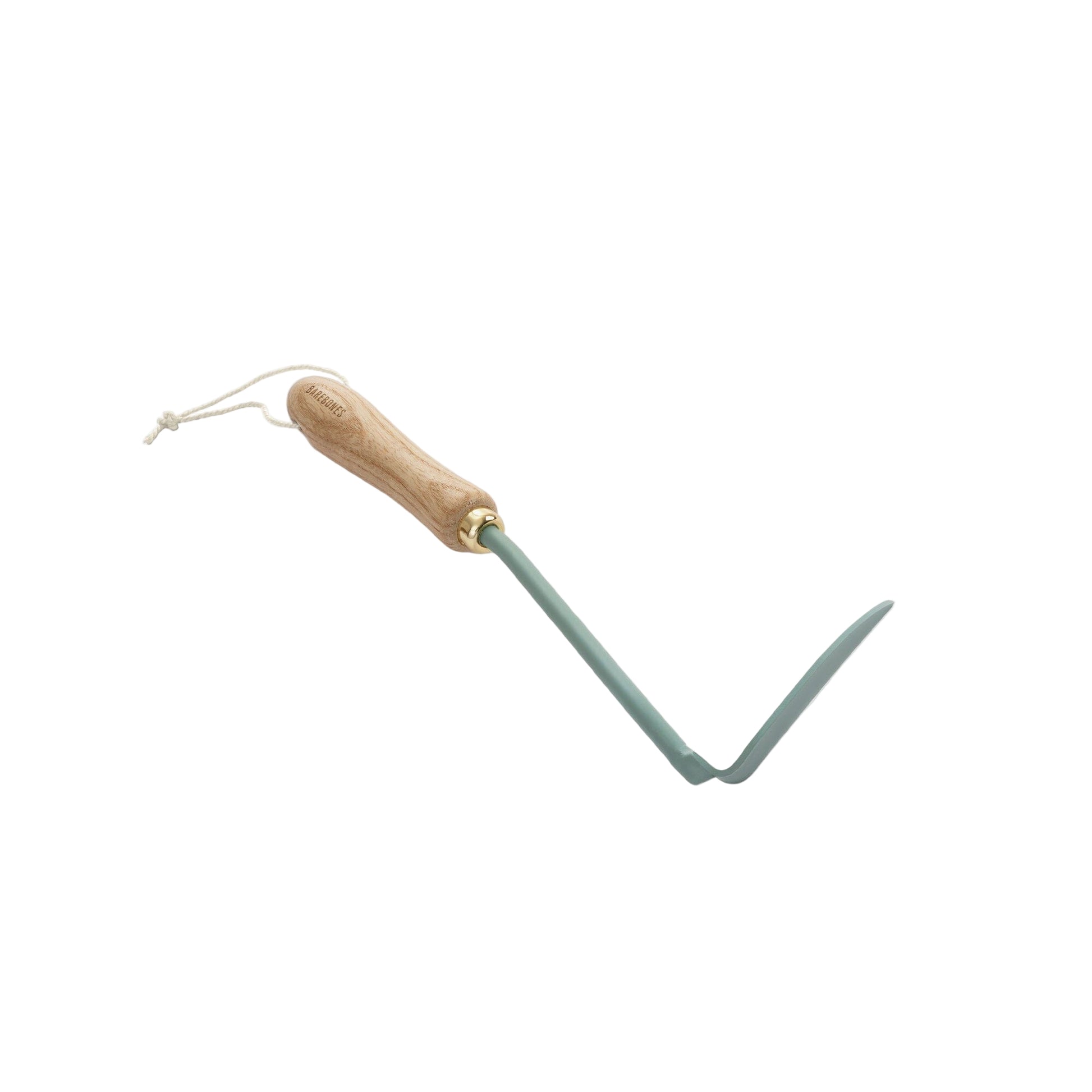 Green Hoe with wooden handle and metal eye on a white background