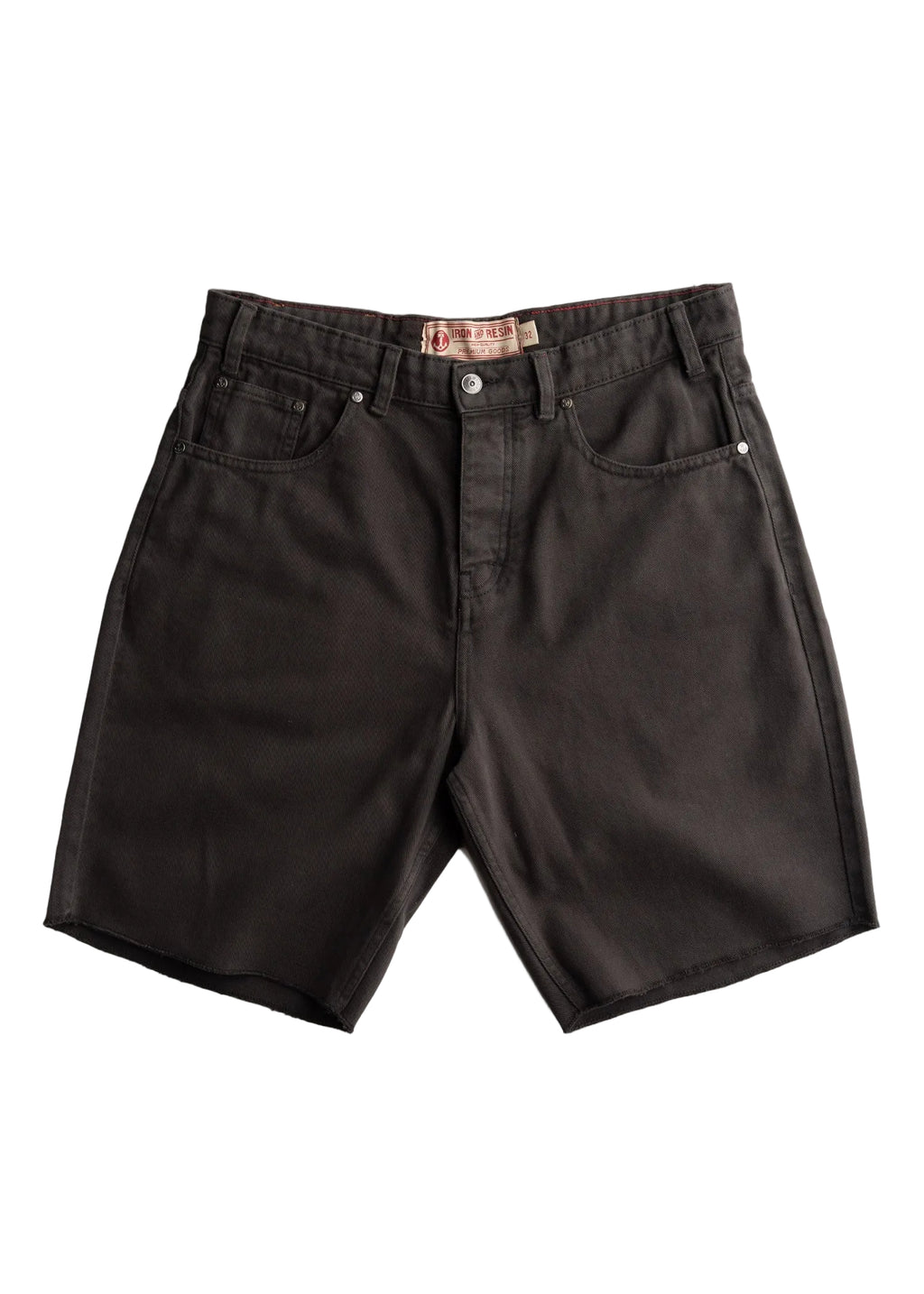 A pair of faded black denim shorts with a vintage, washed finish, laid flat on a light gray background. The shorts feature classic five-pocket styling, a button closure, and a visible vintage-style paper brand label at the waistband.
