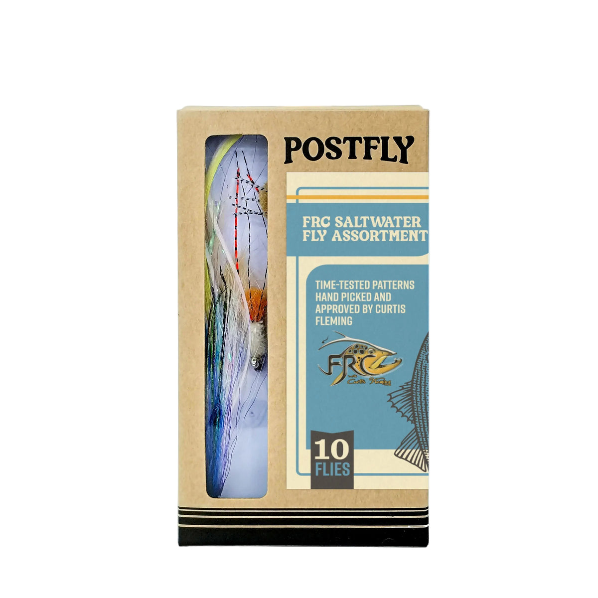 Box of Postfly FRG Saltwater Fly Assortment on a white background