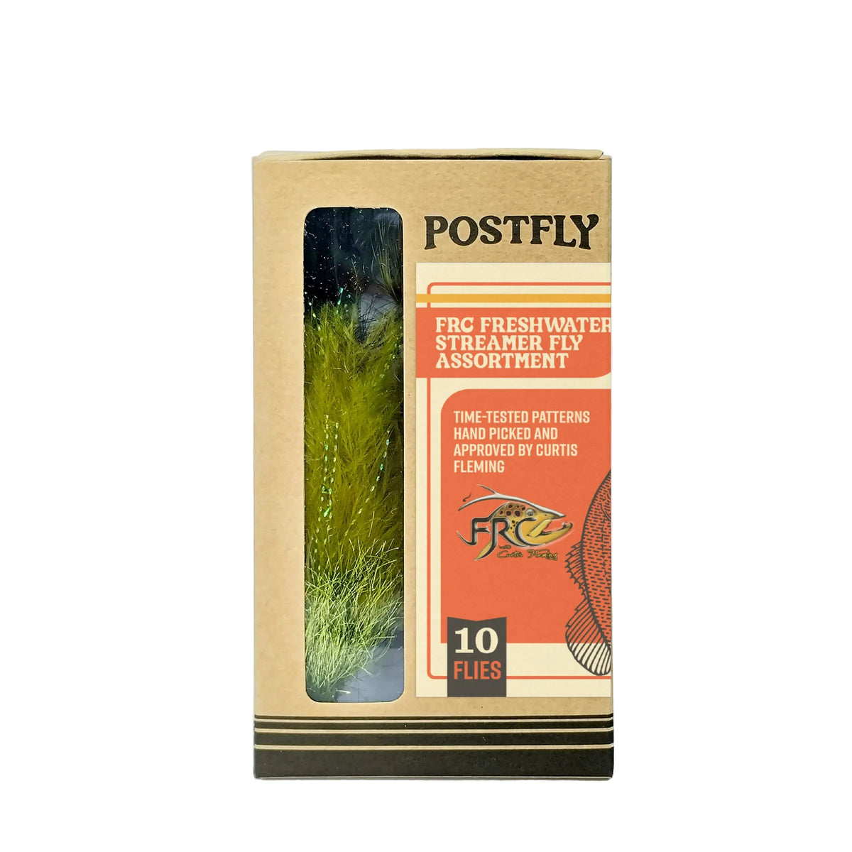 Box of Postfly freshwater streamer fly assortment on a white background
