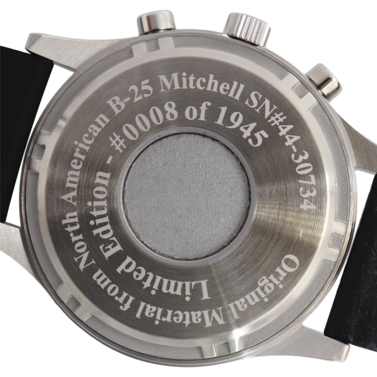 B-25 Mitchell Tribute - Stainless Steel, Brush Finish, Black Dial, Brown Leather Stitched Band