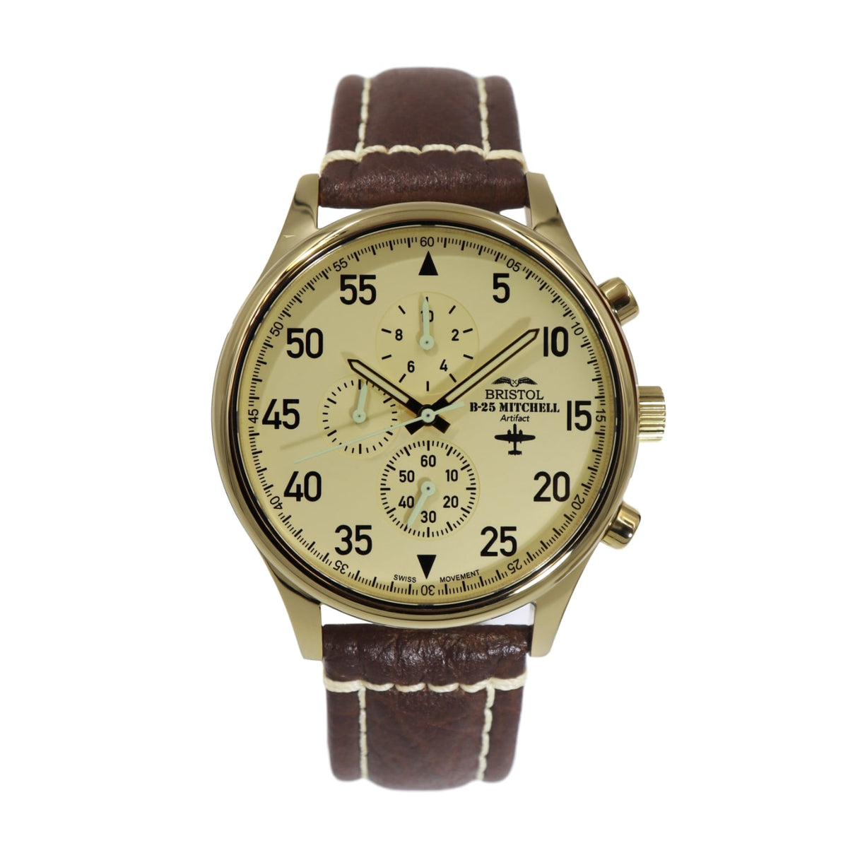B-25 Mitchell Tribute - Gold Finish, Beige Dial, Brown Leather Band with Stitching