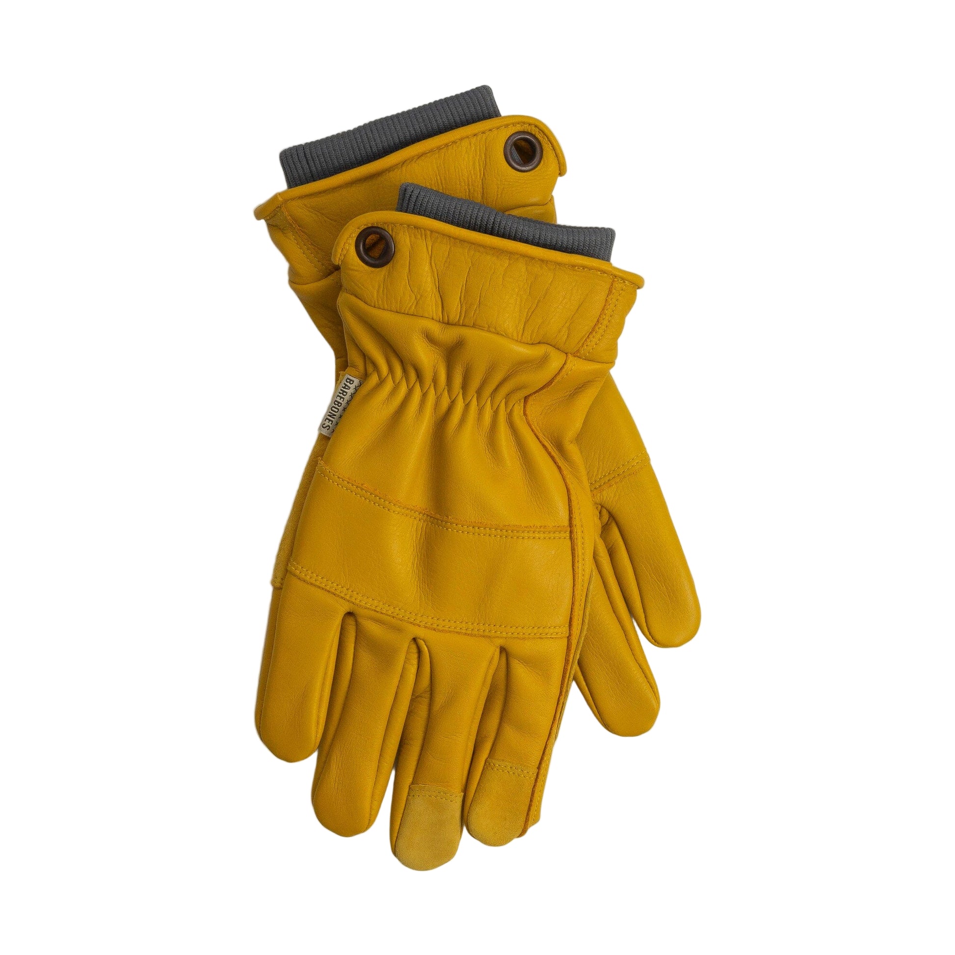 Pair of yellow gloves with gray cuffs on a white background
