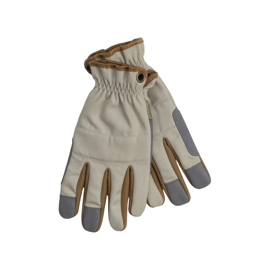 Pair of beige gloves with brown and gray accents on a white background