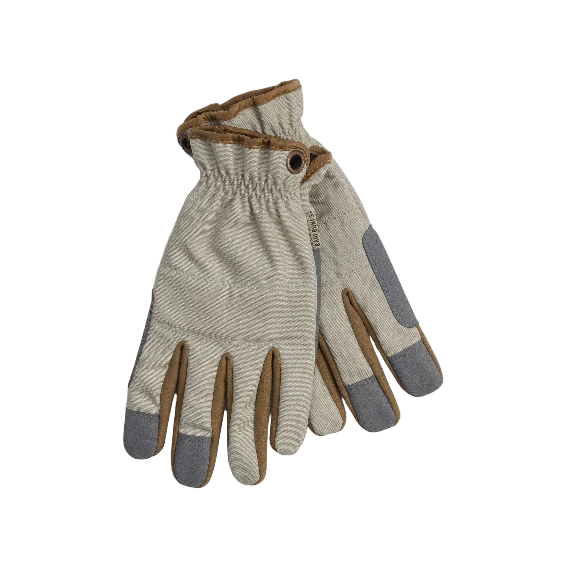 Pair of beige gloves with brown and gray accents on a white background