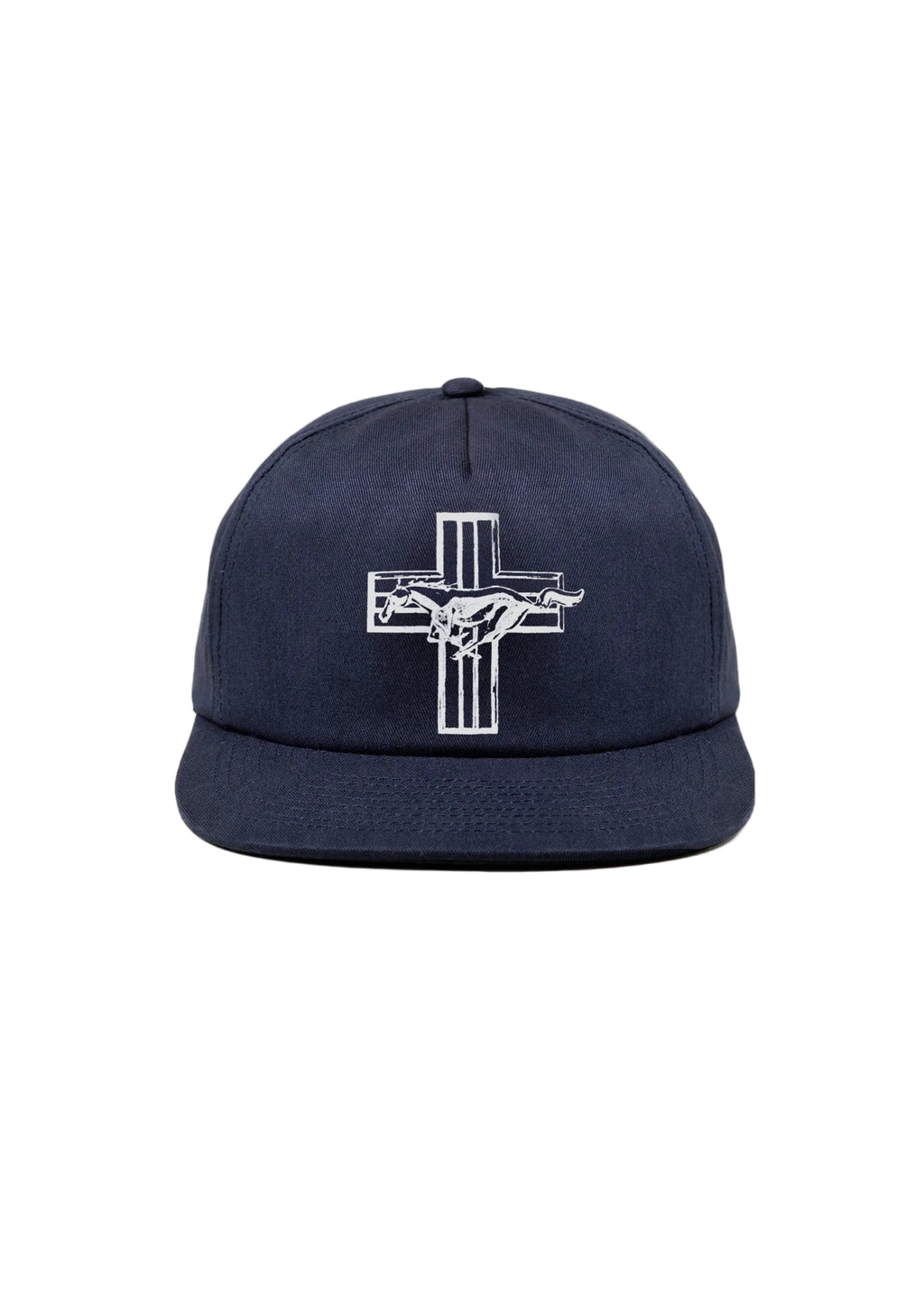 Navy blue cap with white logo on a white background