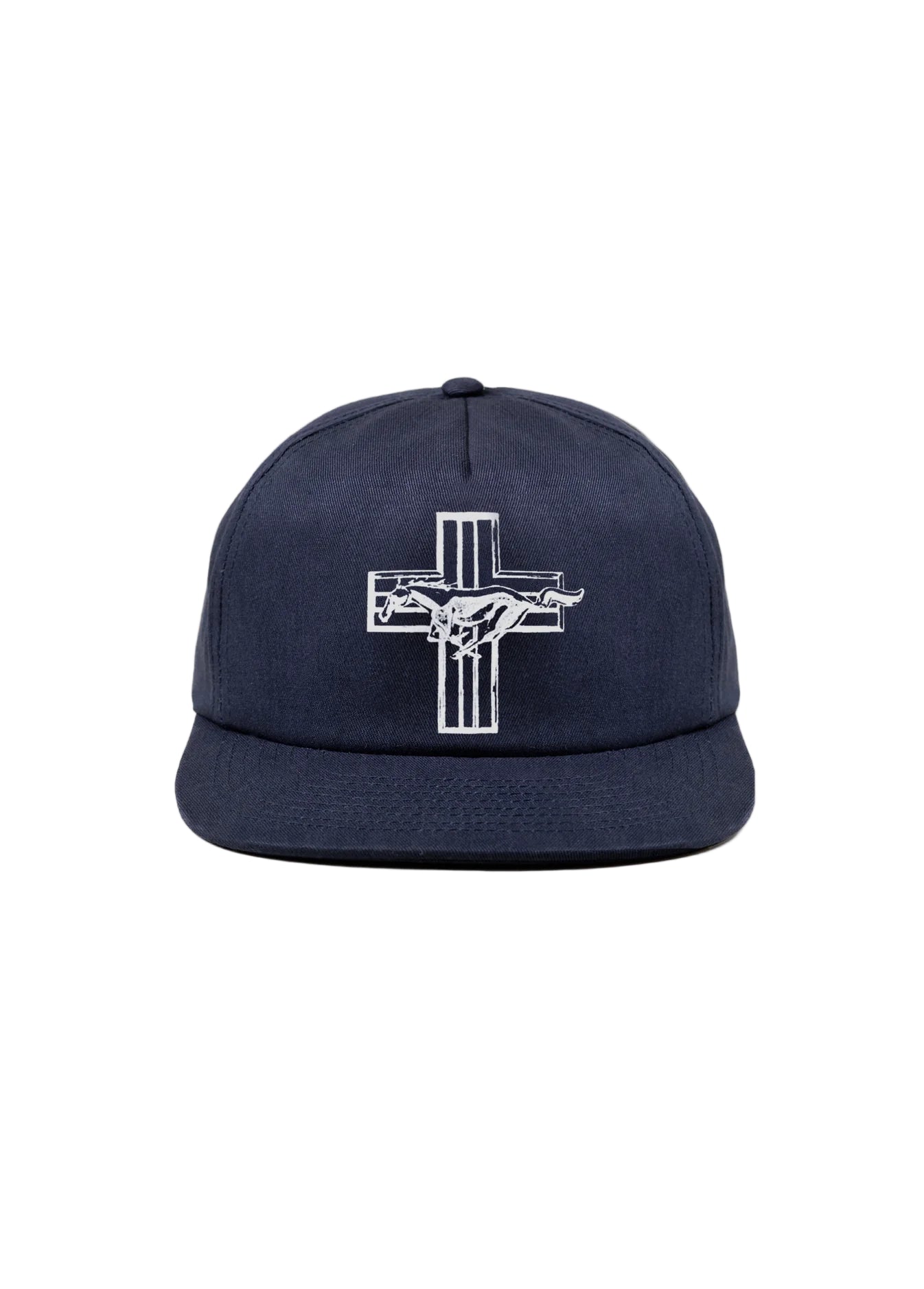 Navy blue cap with white logo on a white background