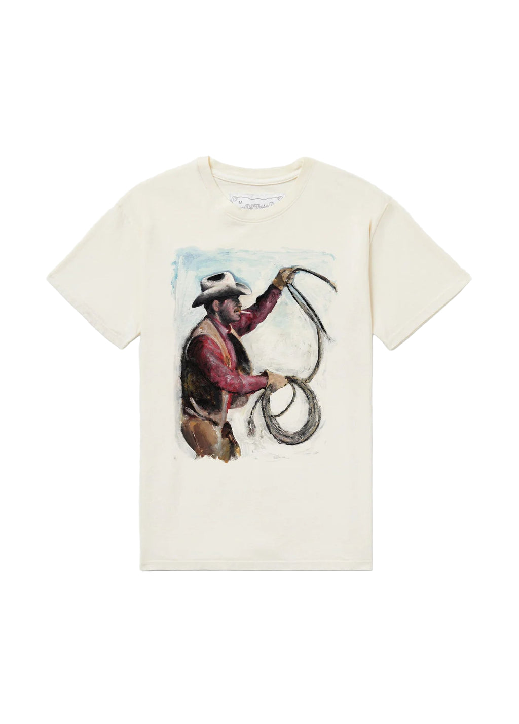 White t-shirt with a graphic of a cowboy holding a lasso on a white background