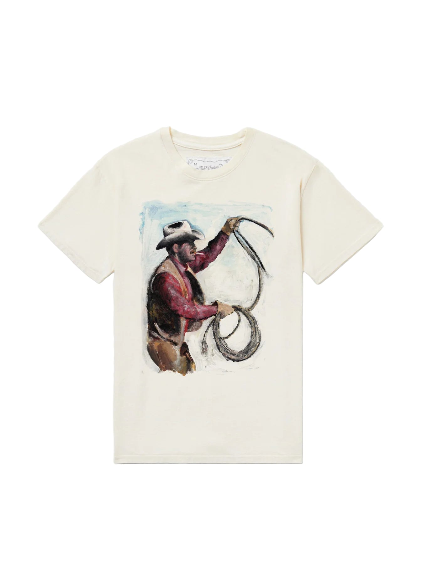 White t-shirt with a graphic of a cowboy holding a lasso on a white background