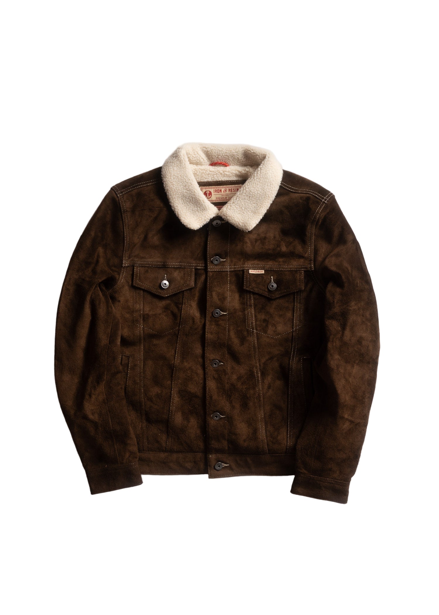 Brown jacket with a cream collar on a light gray background