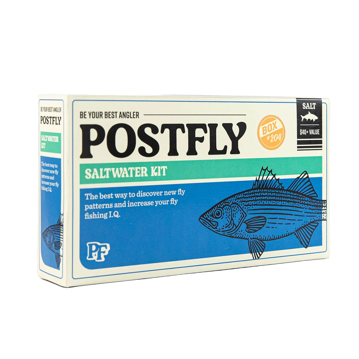 A boxed saltwater fly-angling kit labeled POSTFLY SALTWATER KIT, shown on a clean white background. The package is cream and blue with a fish illustration and a small orange 'BOX +200V' badge.