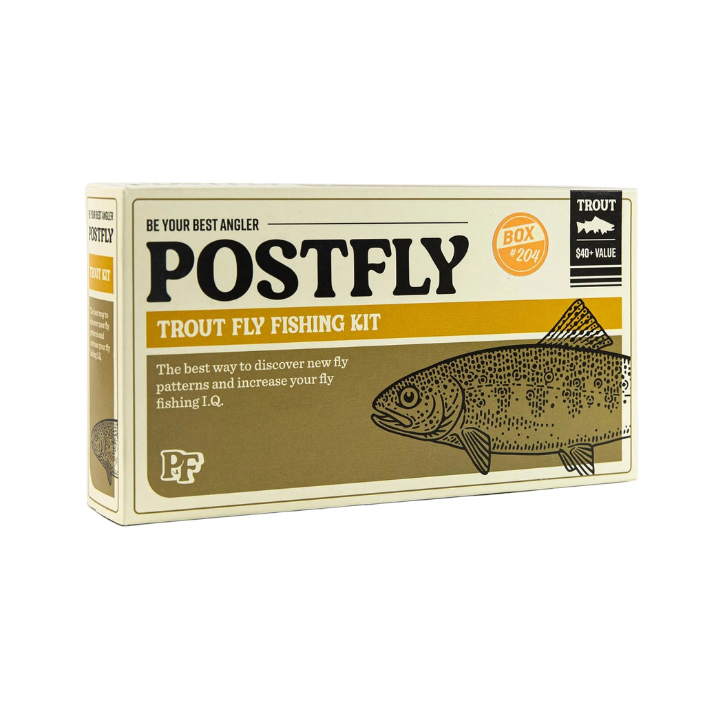 A boxed trout fly fishing kit labeled POSTFLY, shown on a plain white background. The package is cream and olive-brown with black text, a trout illustration, and a small orange 'BOX <20g' badge.