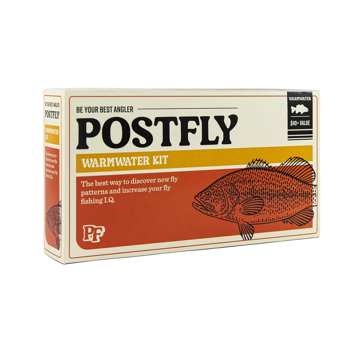 Box of Postfly Warmwater Kit with fish illustration on a white background