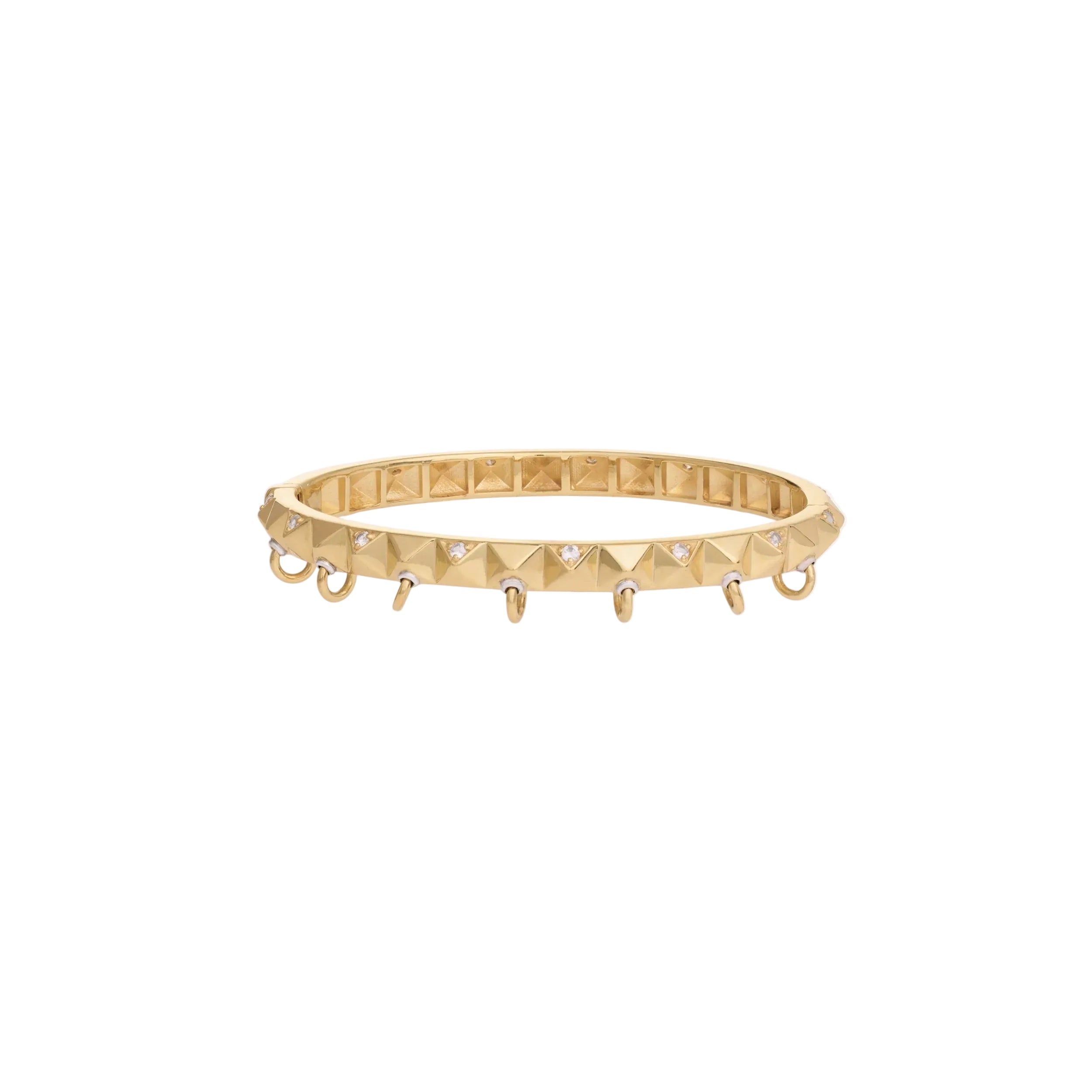 Gold bracelet with pyramid design on a white background