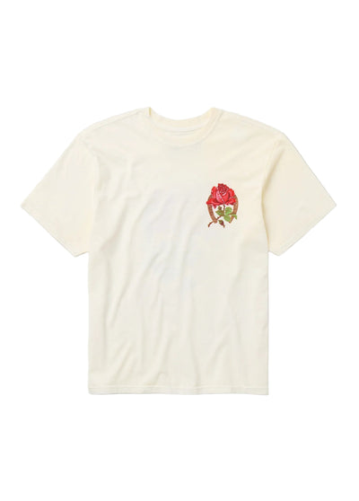 White t-shirt with a colorful graphic on the chest against a white background