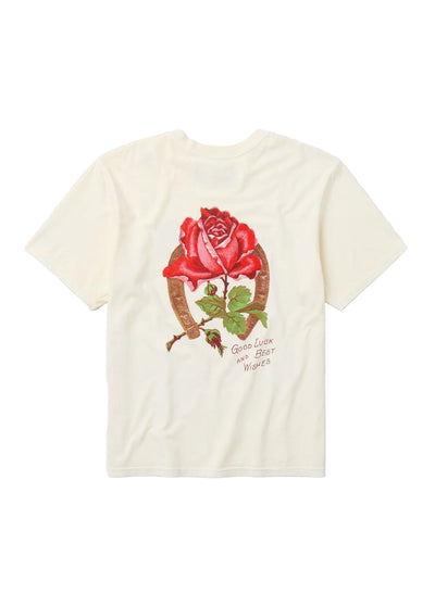 White t-shirt with a red rose and horseshoe graphic on a white background