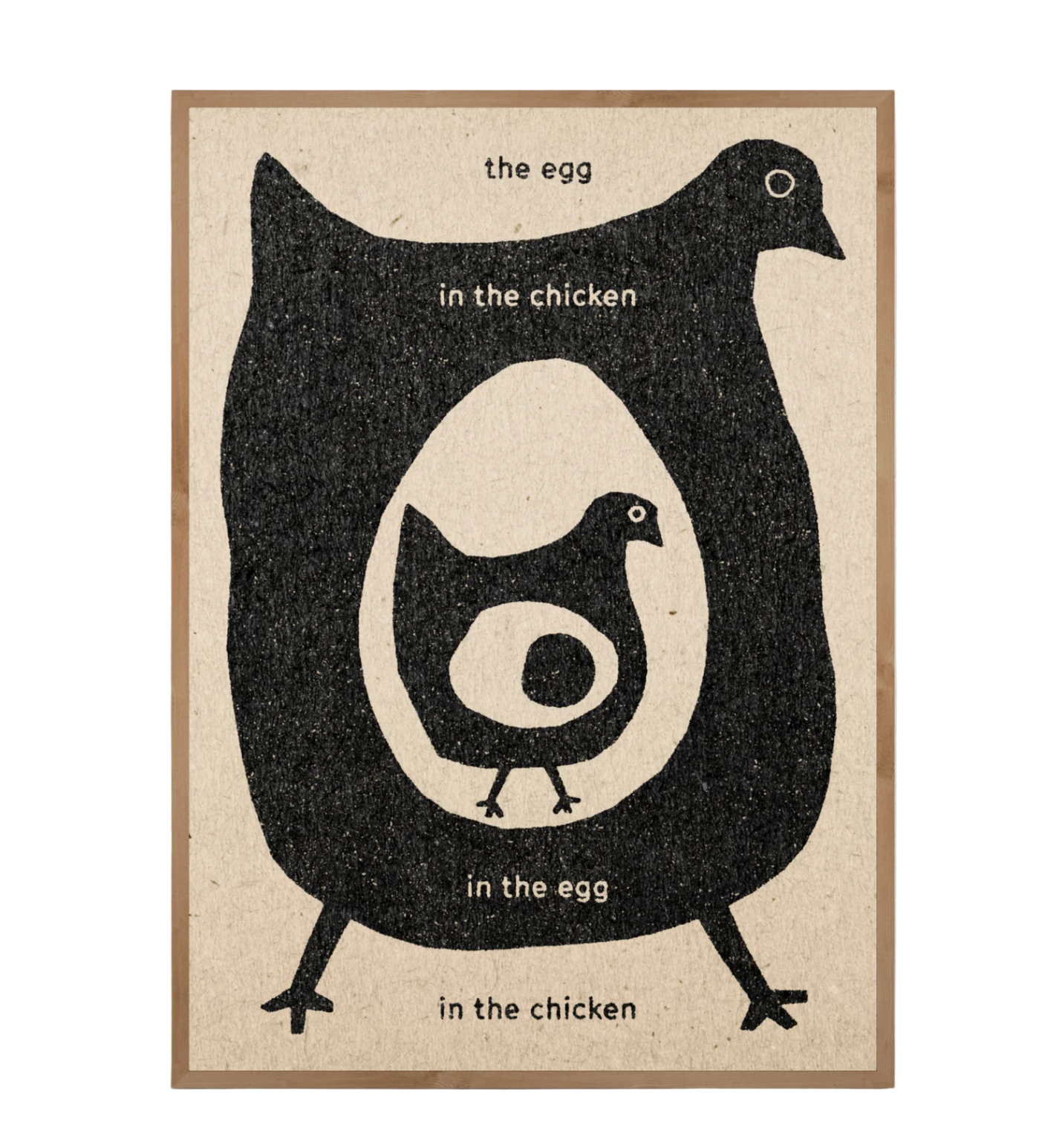 Framed artwork with a black and white illustration of a chicken and an egg on a white background.