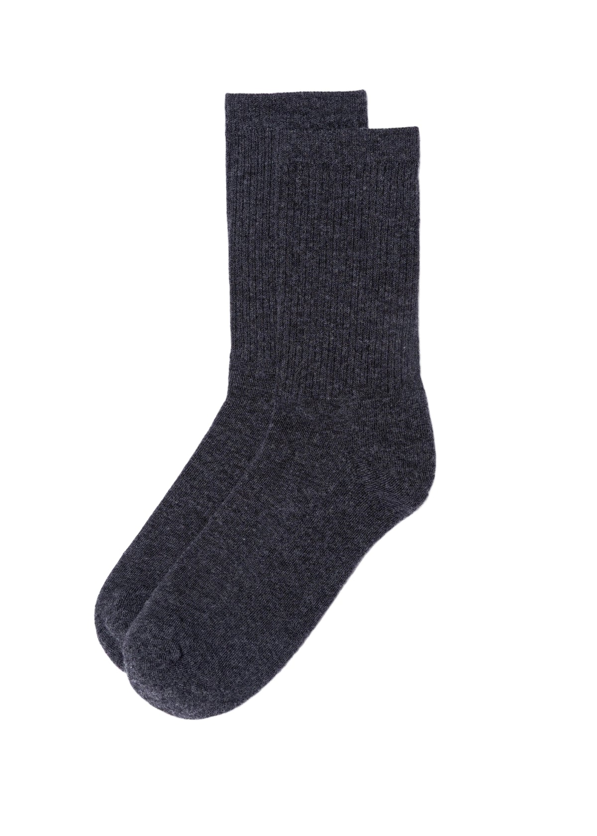 A pair of dark olive green ribbed knit crew socks displayed against a solid light gray background.