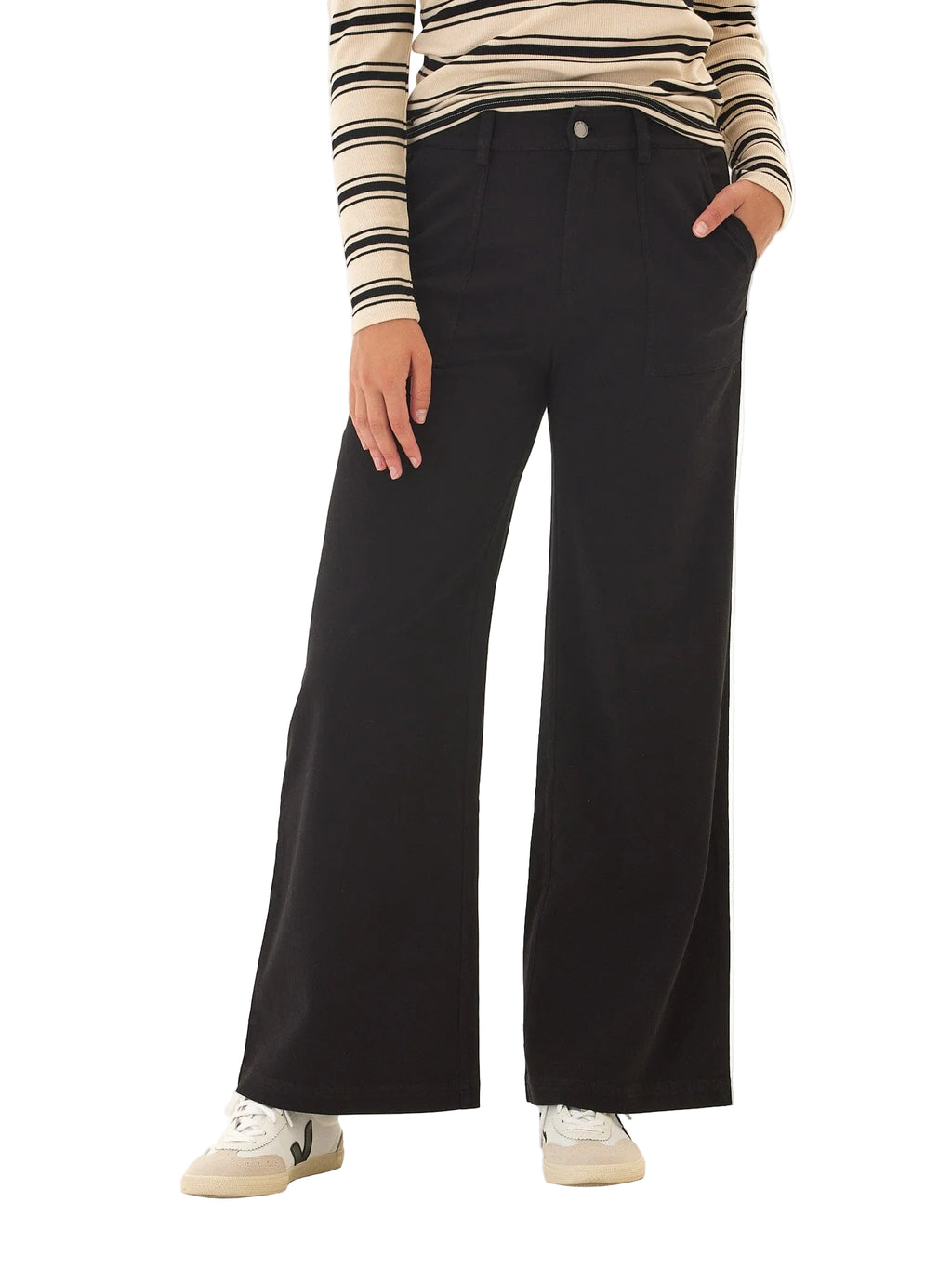 Person wearing black wide-leg pants with a striped long-sleeve shirt on a white background
