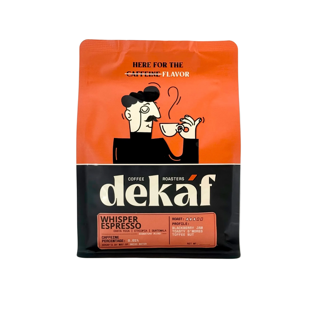Dekaf coffee bag with a stylized illustration of a person holding a cup on an orange and black background.