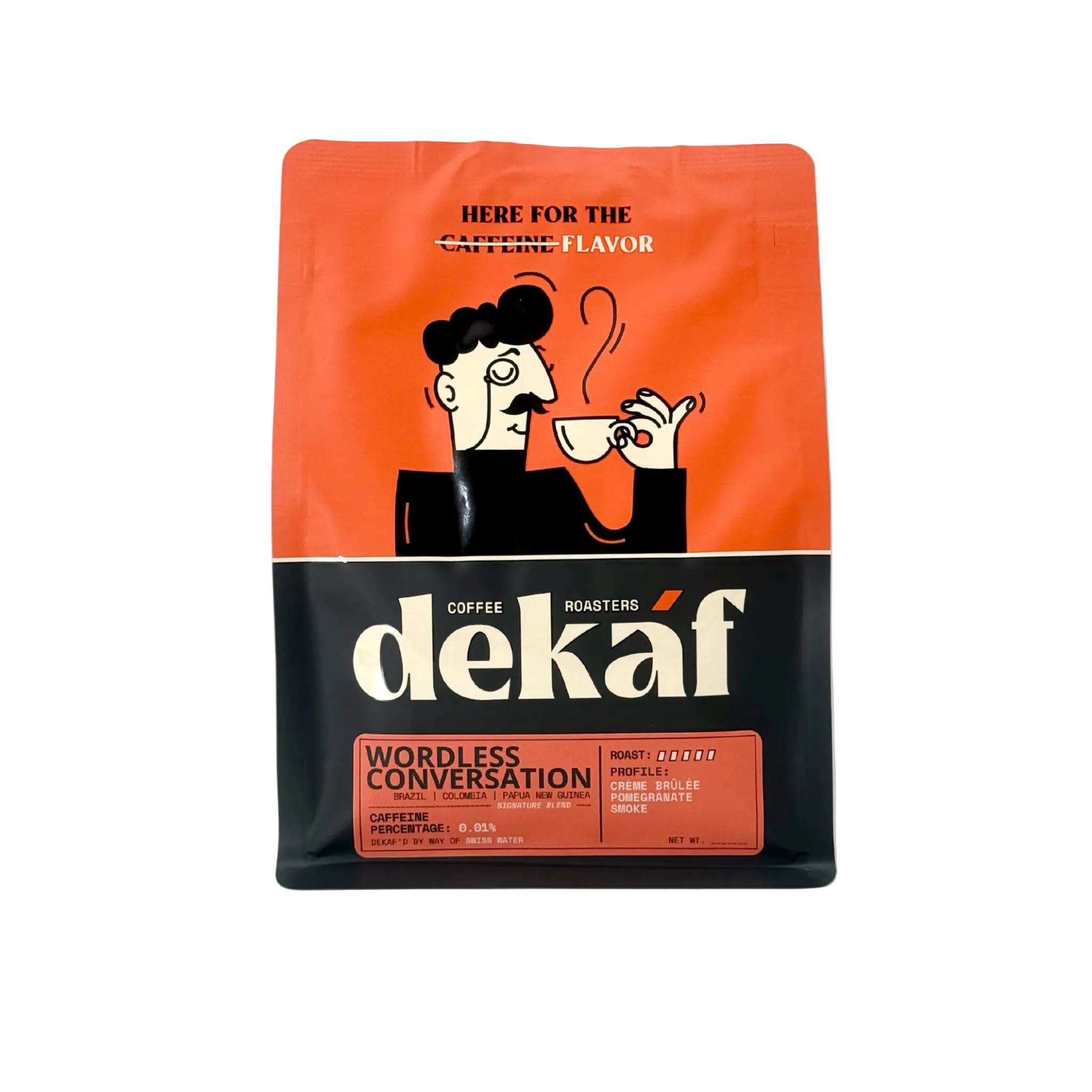 Coffee bag with 'dekaf' branding on a white background