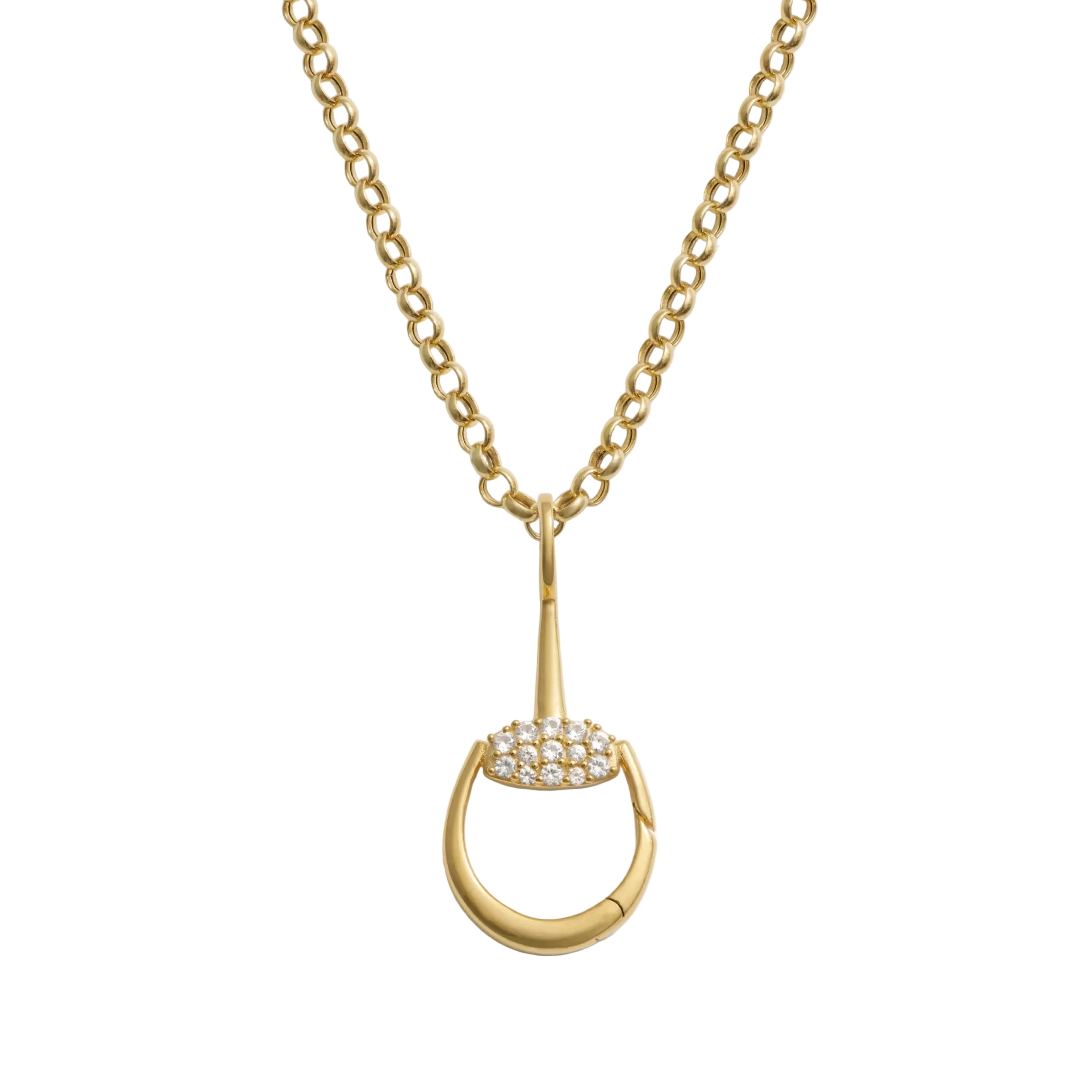 Gold necklace with a horse shoe-shaped pendant on a white background