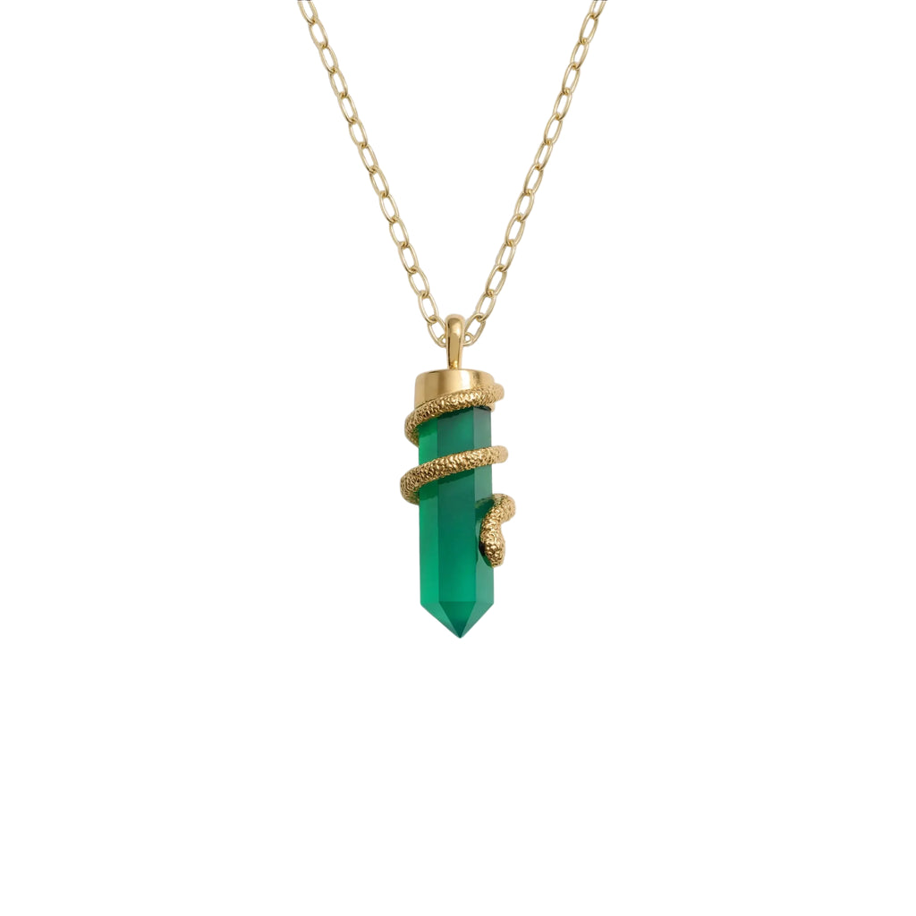 Green crystal pendant necklace on a gold chain against a white background