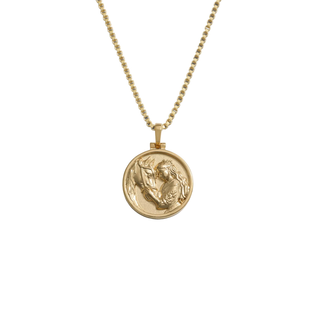 Gold necklace with a round horse pendant on a white background