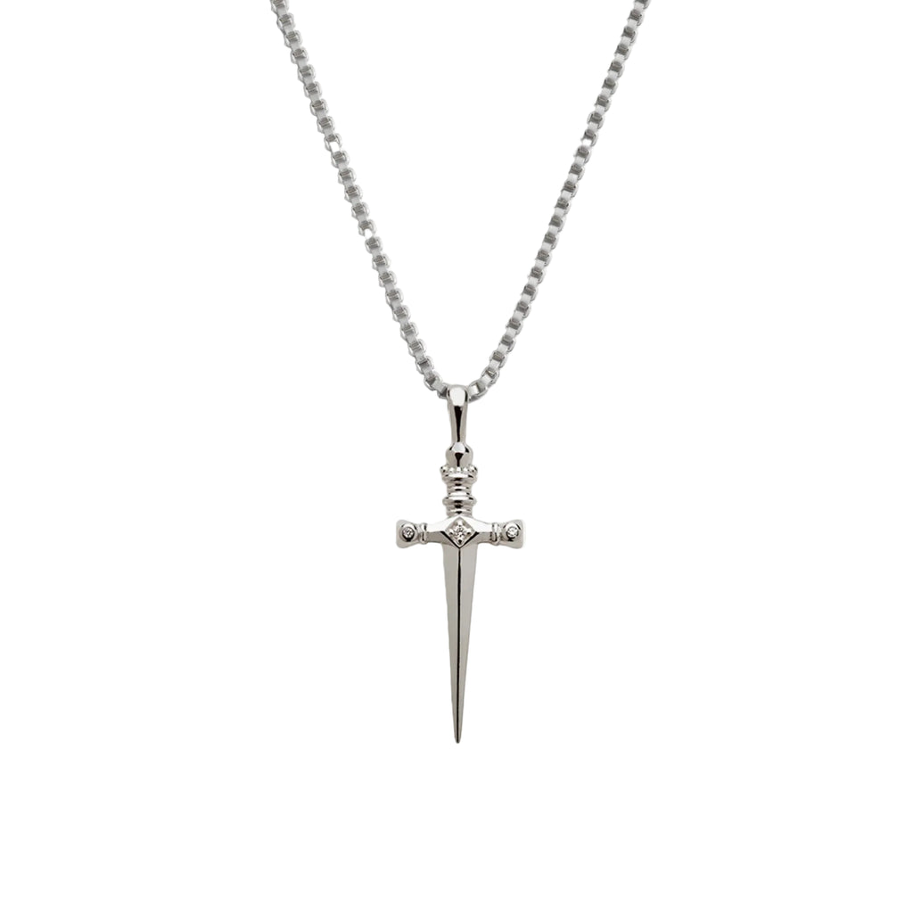 Silver sword-shaped pendant on a chain against a white background
