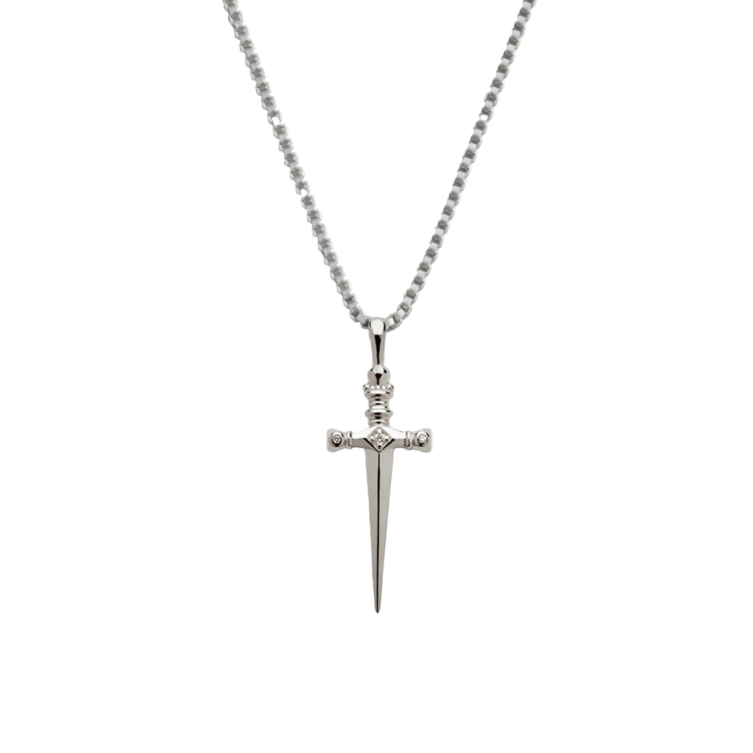 Silver sword-shaped pendant on a chain against a white background