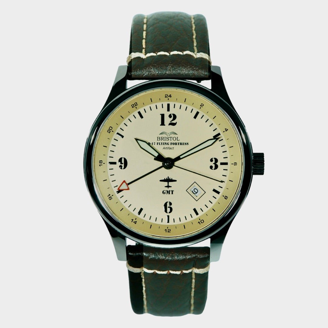 B-17 Tribute - Polished Finish, Beige Dial, Stainless Steel, Brown Leather Band with Stitching - Paranoid Ranch