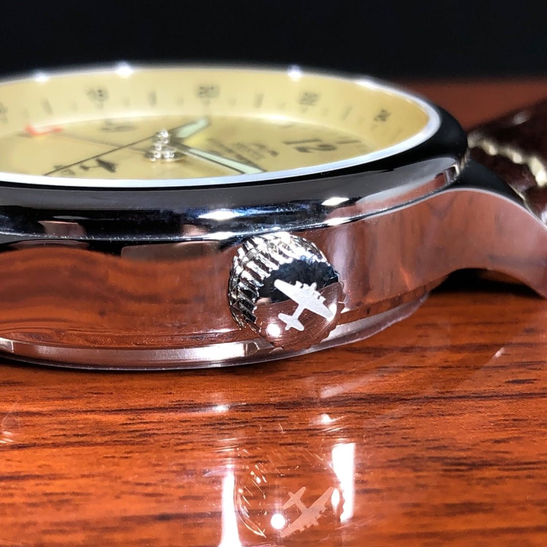 B-17 Tribute - Polished Finish, Beige Dial, Stainless Steel, Brown Leather Band with Stitching - Paranoid Ranch