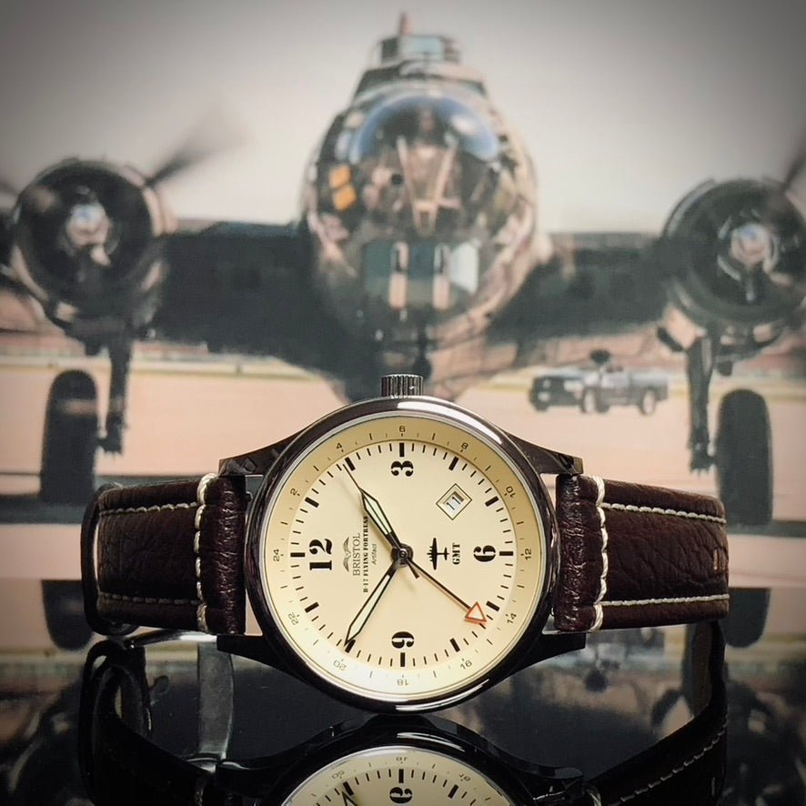 B-17 Tribute - Polished Finish, Beige Dial, Stainless Steel, Brown Leather Band with Stitching - Paranoid Ranch